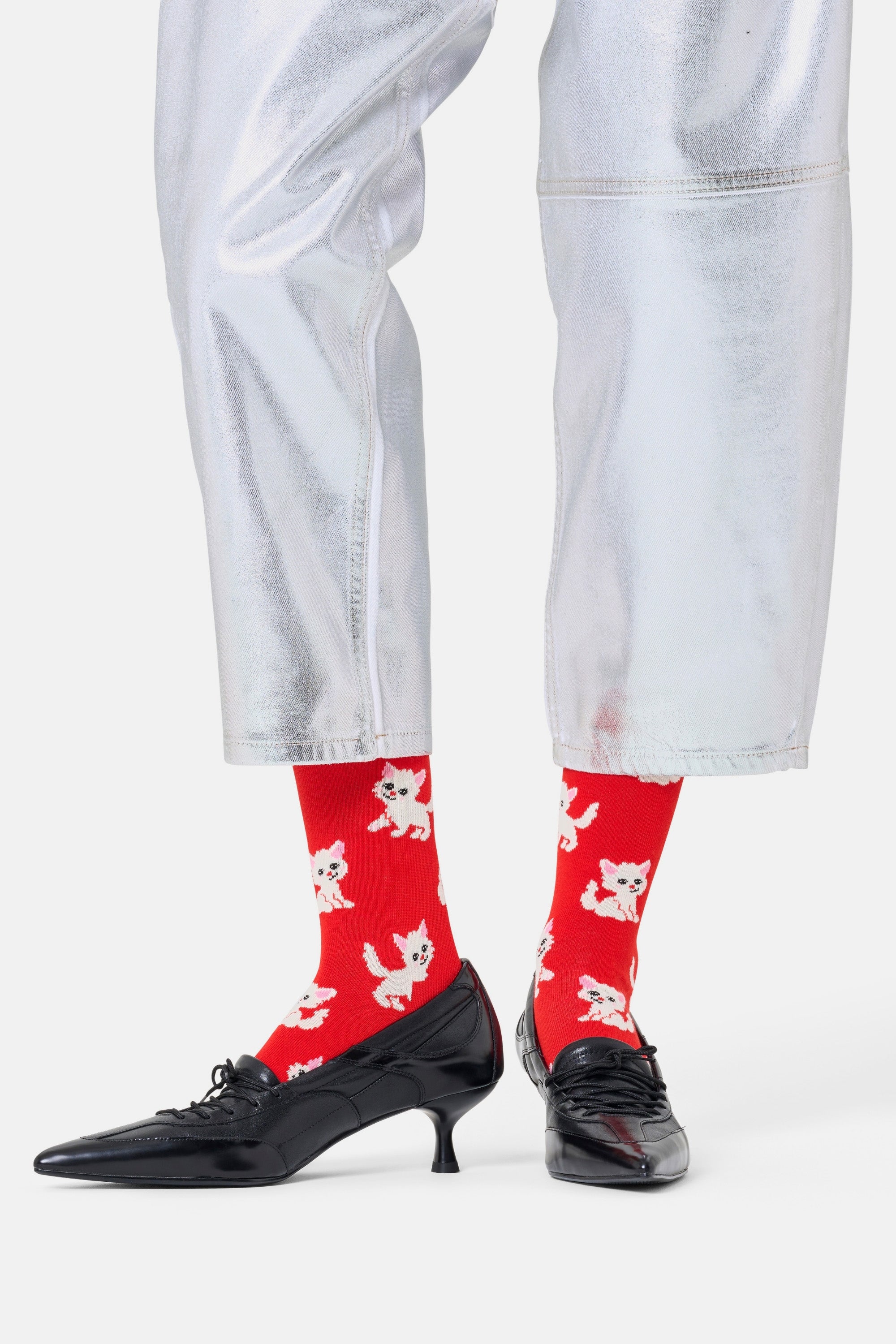 Happy Socks - Kadın Kırmızı Yavru Kedi Desenli Pamuklu Çorap
