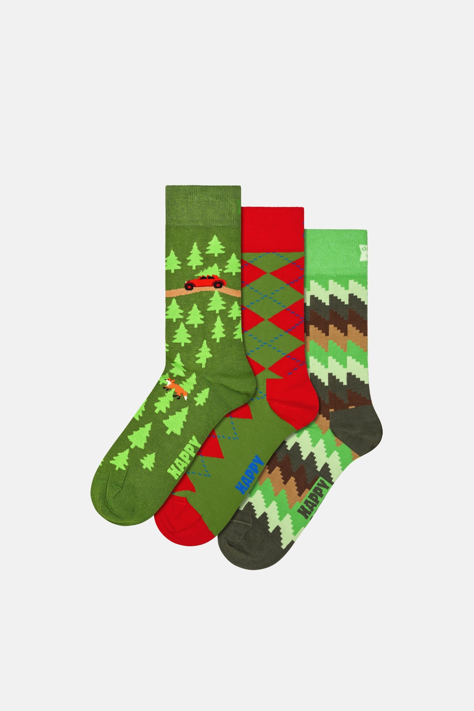 Happy Socks - Çok Renkli Doğa Desenli 3'lü Pamuklu Çorap Seti