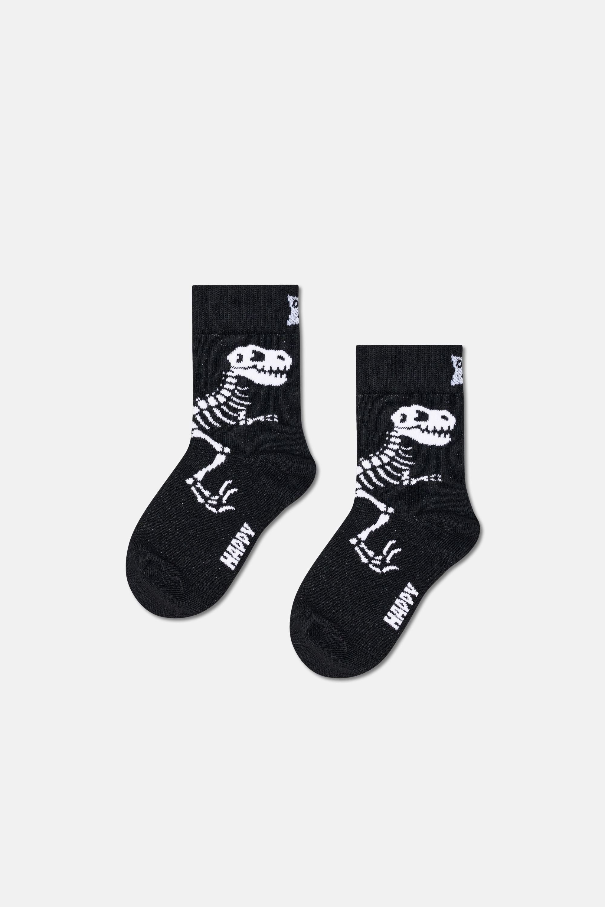 Happy Socks - Çocuk Siyah Dinazor Desenli Pamuklu Çorap