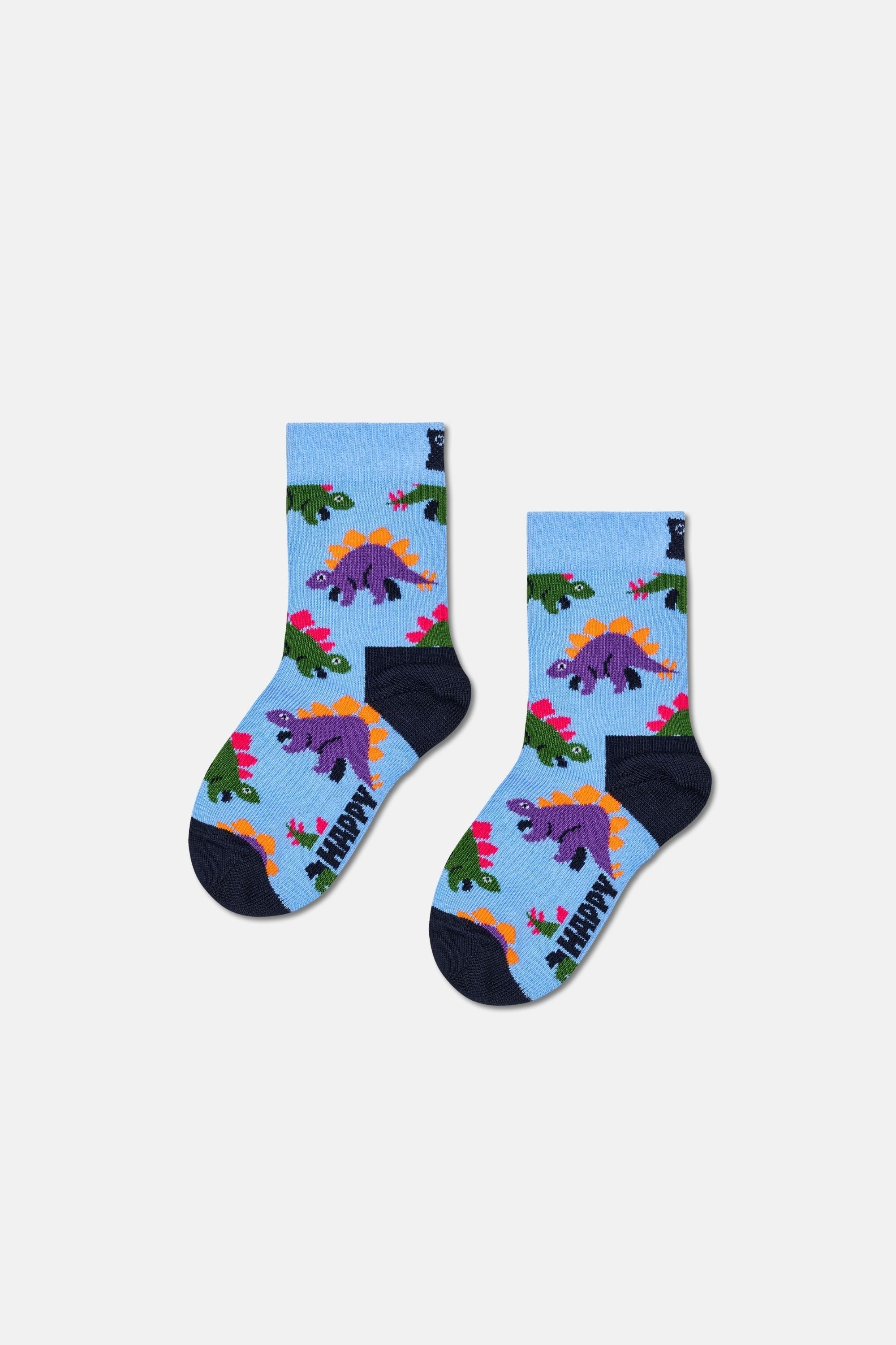 Happy Socks - Çocuk Mavi Dinazor Desenli Pamuklu Çorap