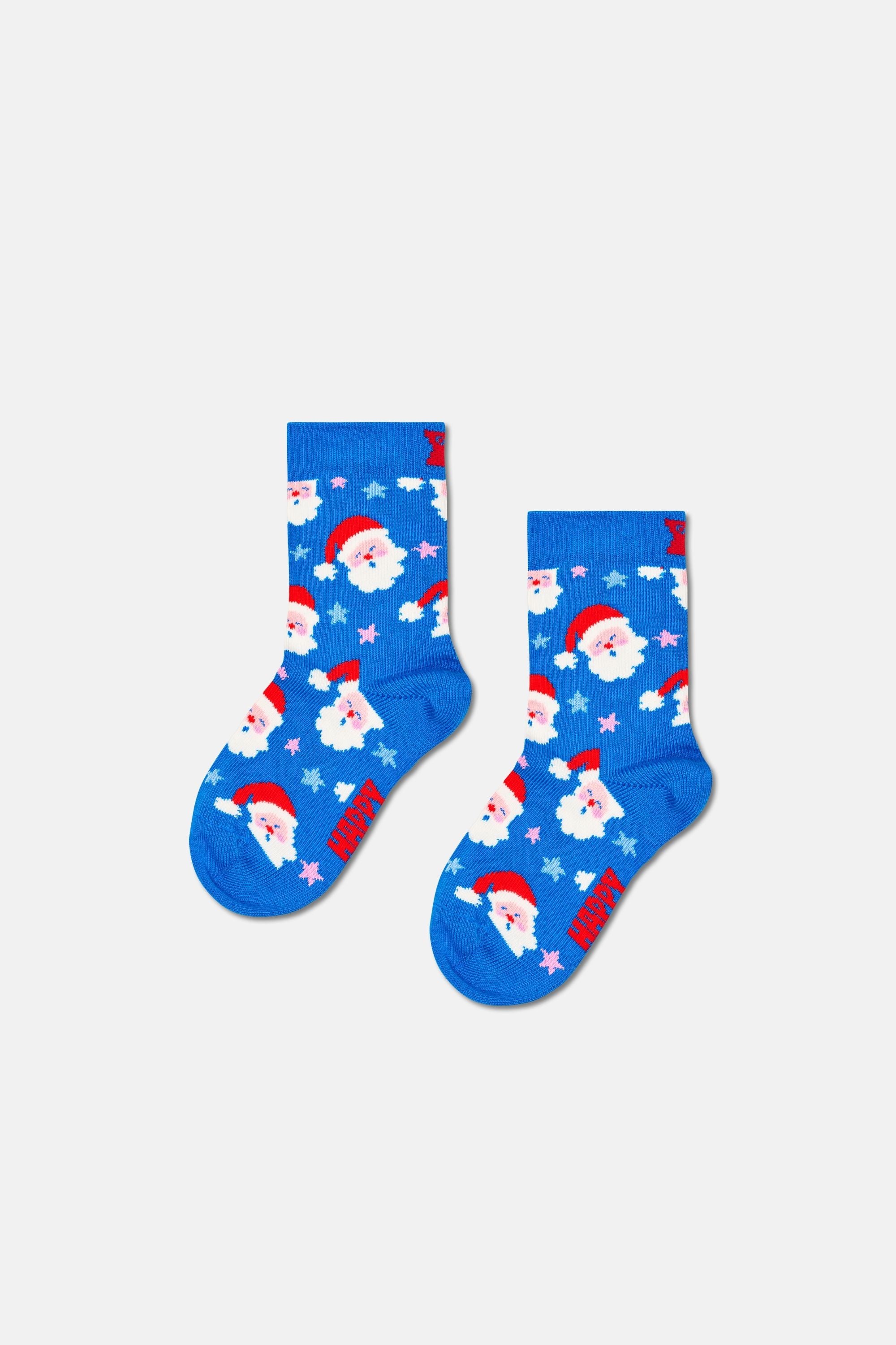 Happy Socks - Çocuk Mavi Noel Baba Desenli Pamuklu Çorap