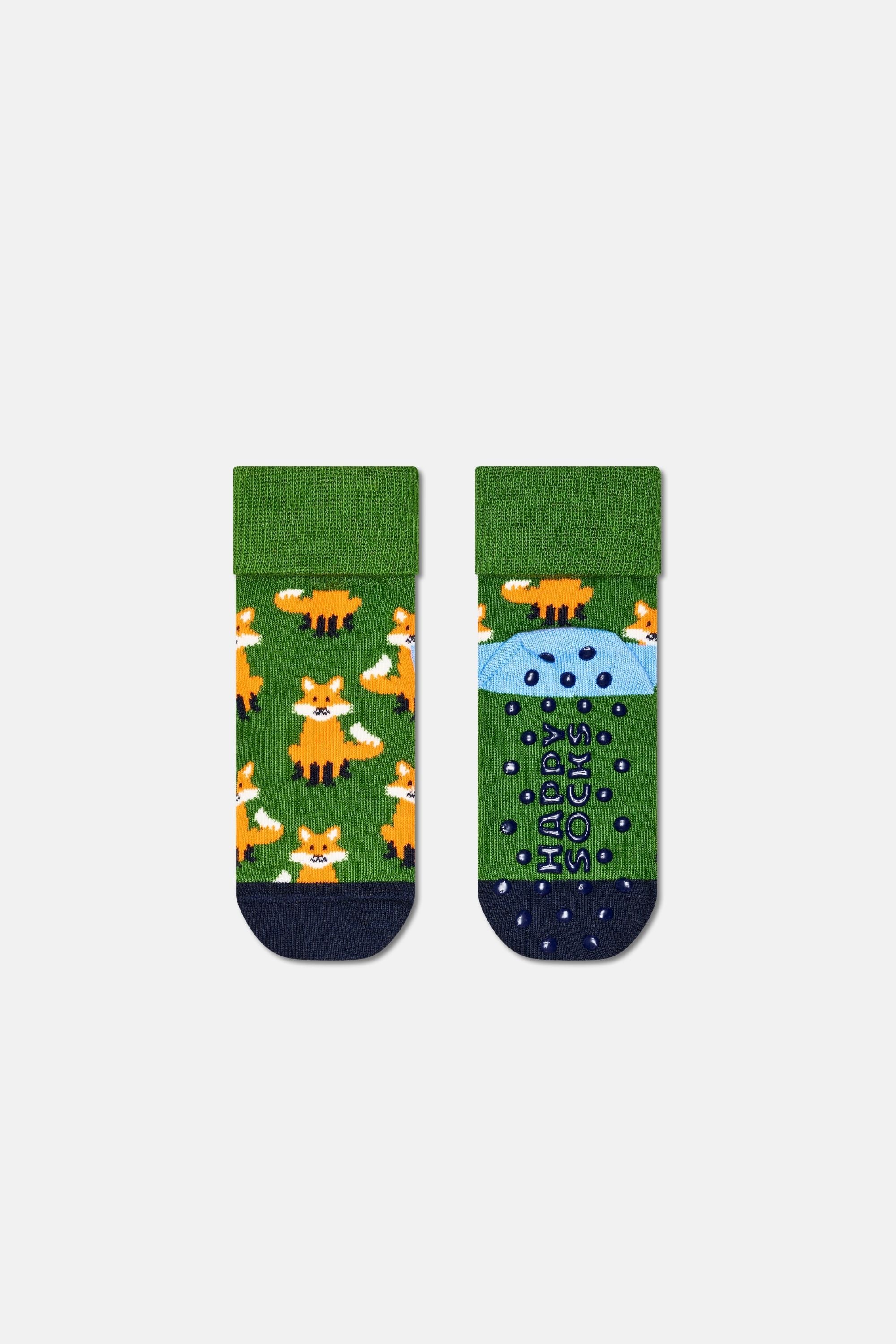 Happy Socks - Çocuk Yeşil Tilki Desenli Pamuklu Çorap