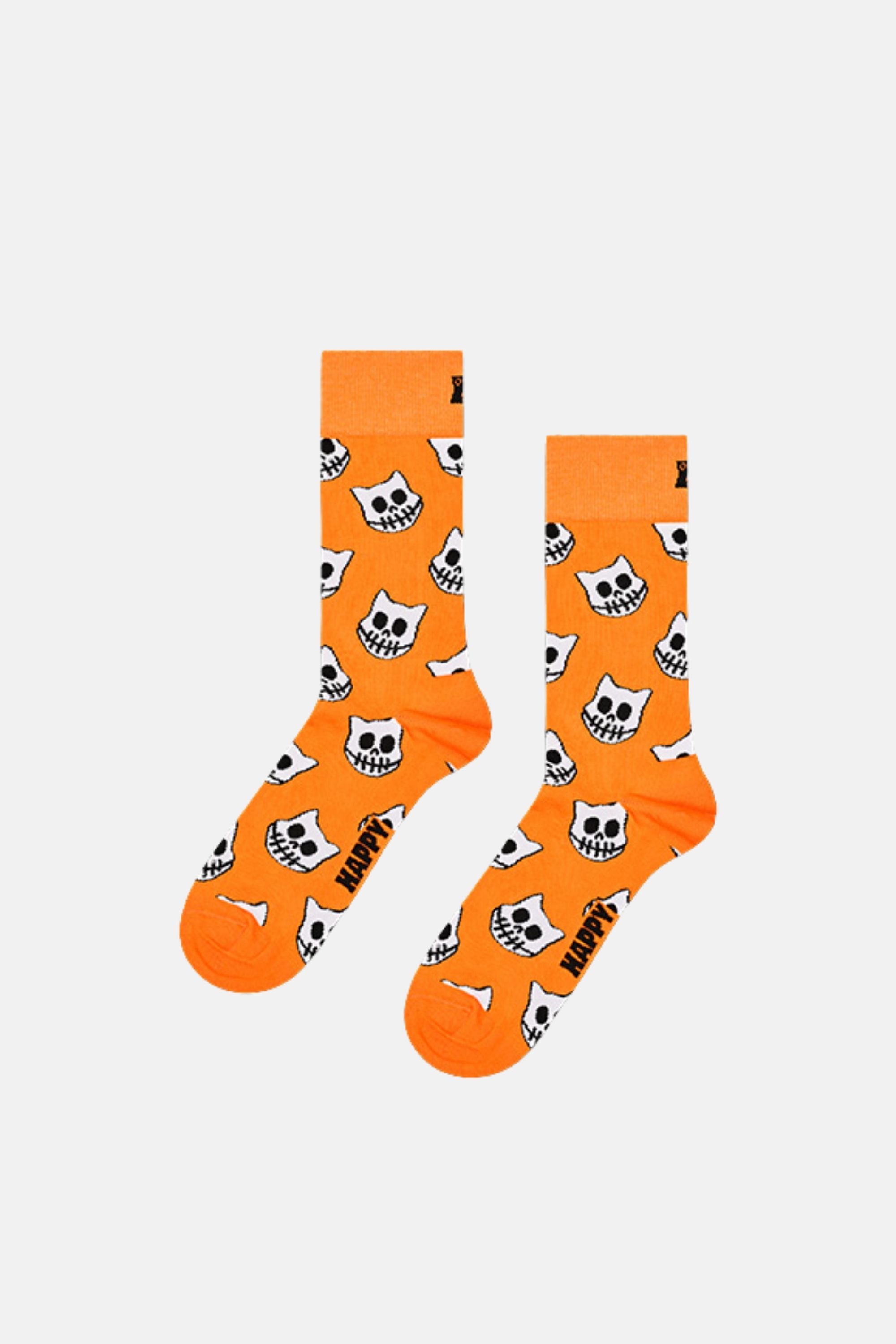 Happy Socks - Turuncu İskelet Kedi Desenli Pamuklu Çorap