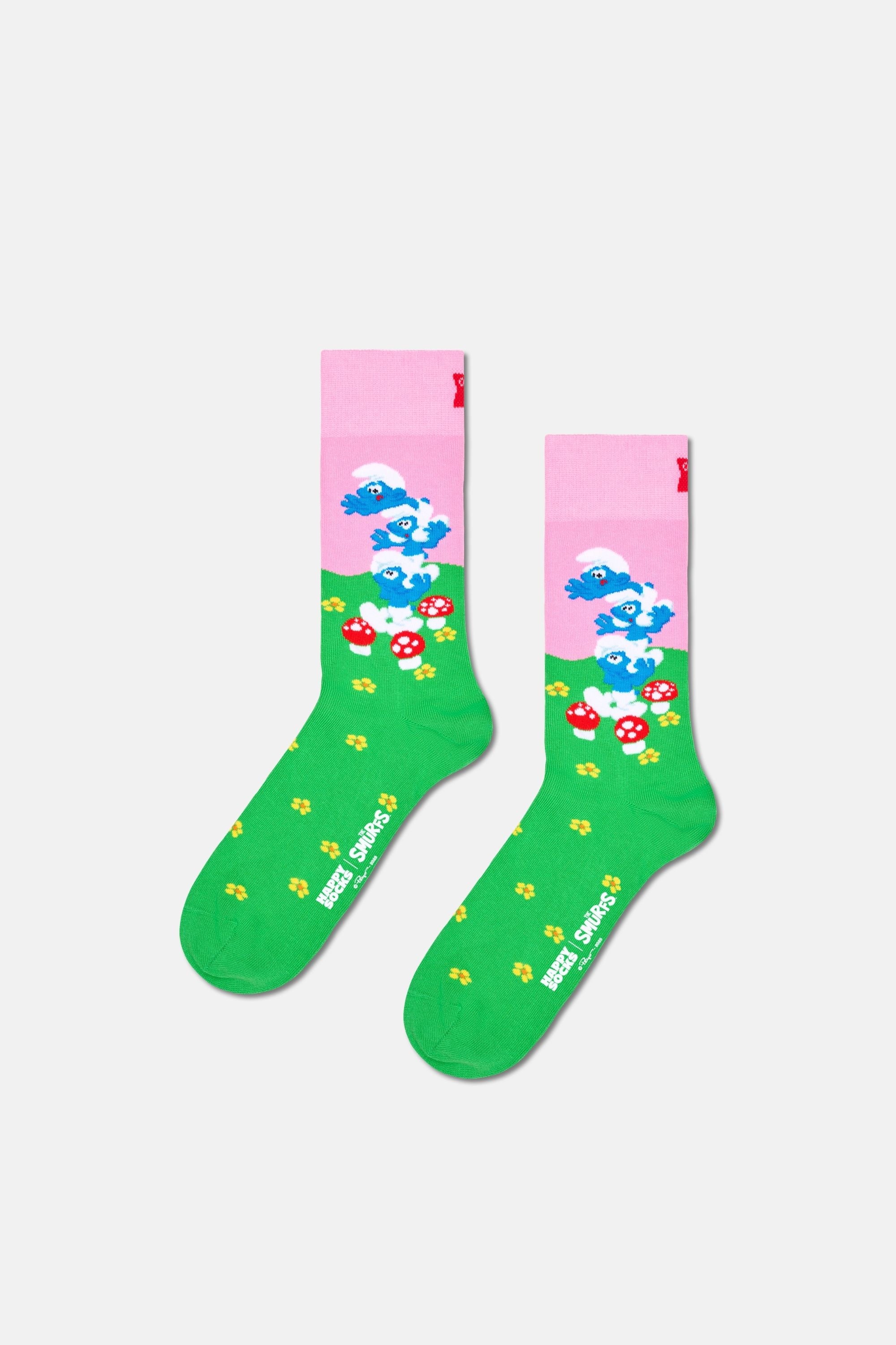 Happy Socks - Yeşil Şirinler Desenli Pamuklu Çorap