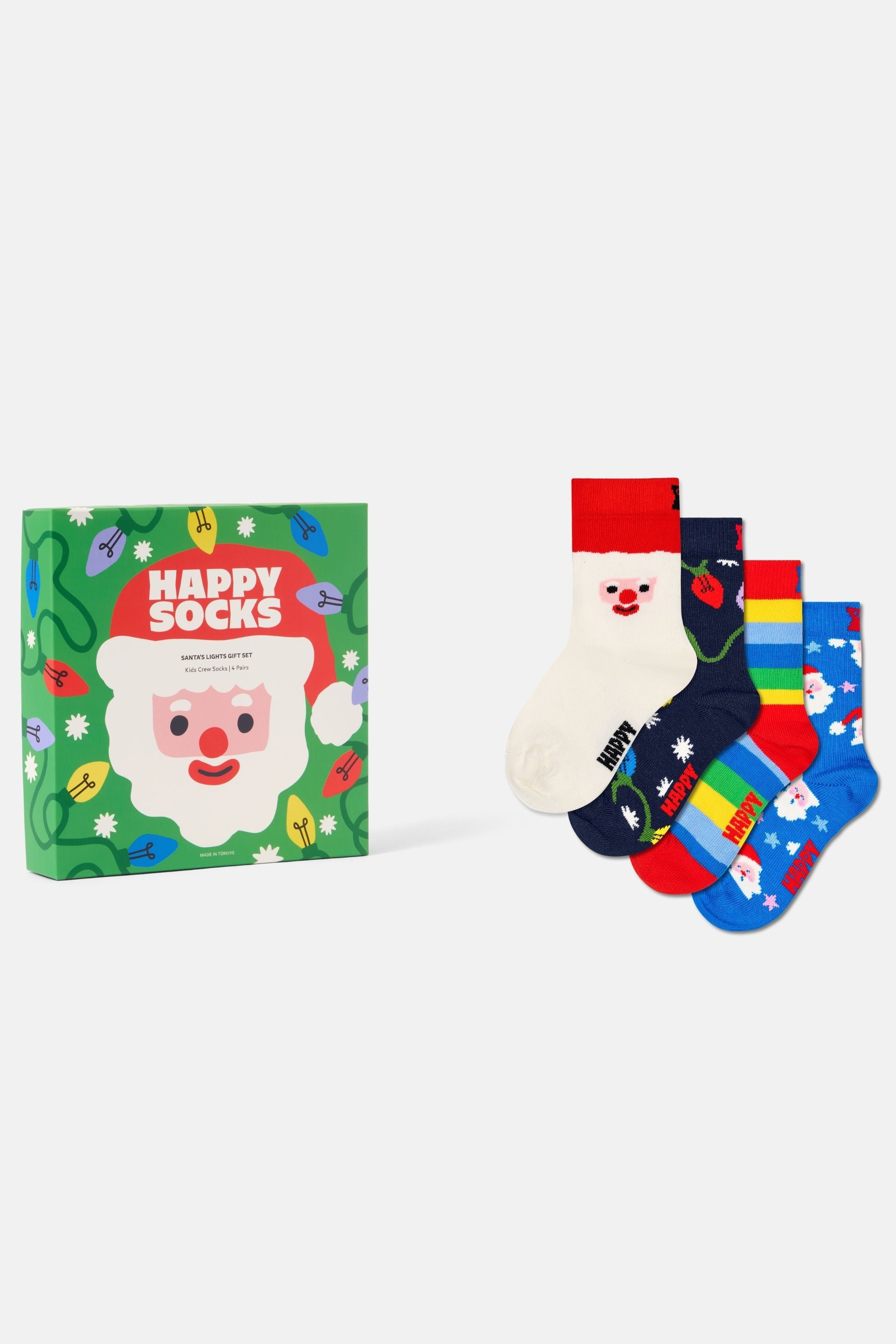 Happy Socks - Beyaz 4Lü Noel Baba Ve Işık Desenli Çocuk Pamuklu Çorap Seti