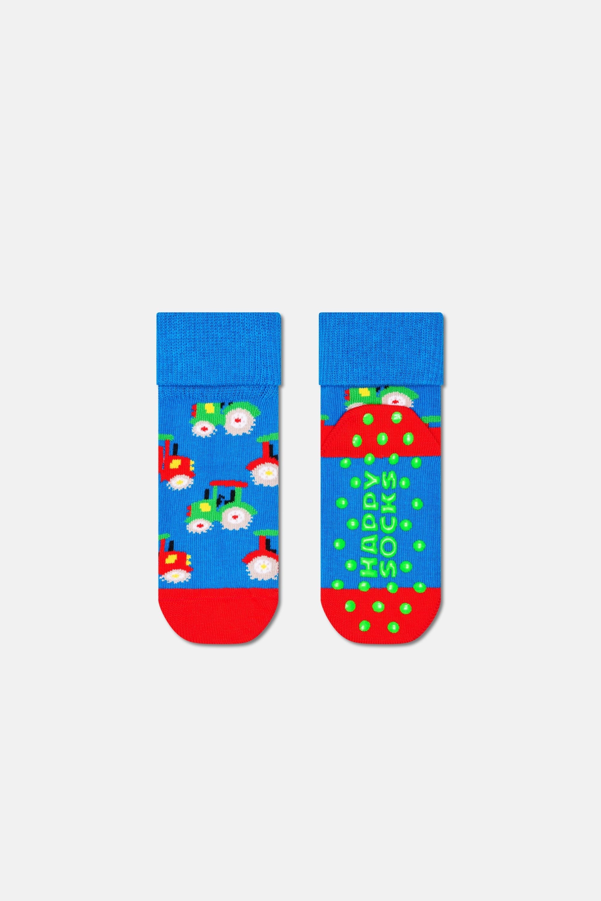 Happy Socks - Çok Renkli 4Lü Dinozor Ve Traktör Desenli Kaydırmaz Çocuk Pamuklu Çorap Seti