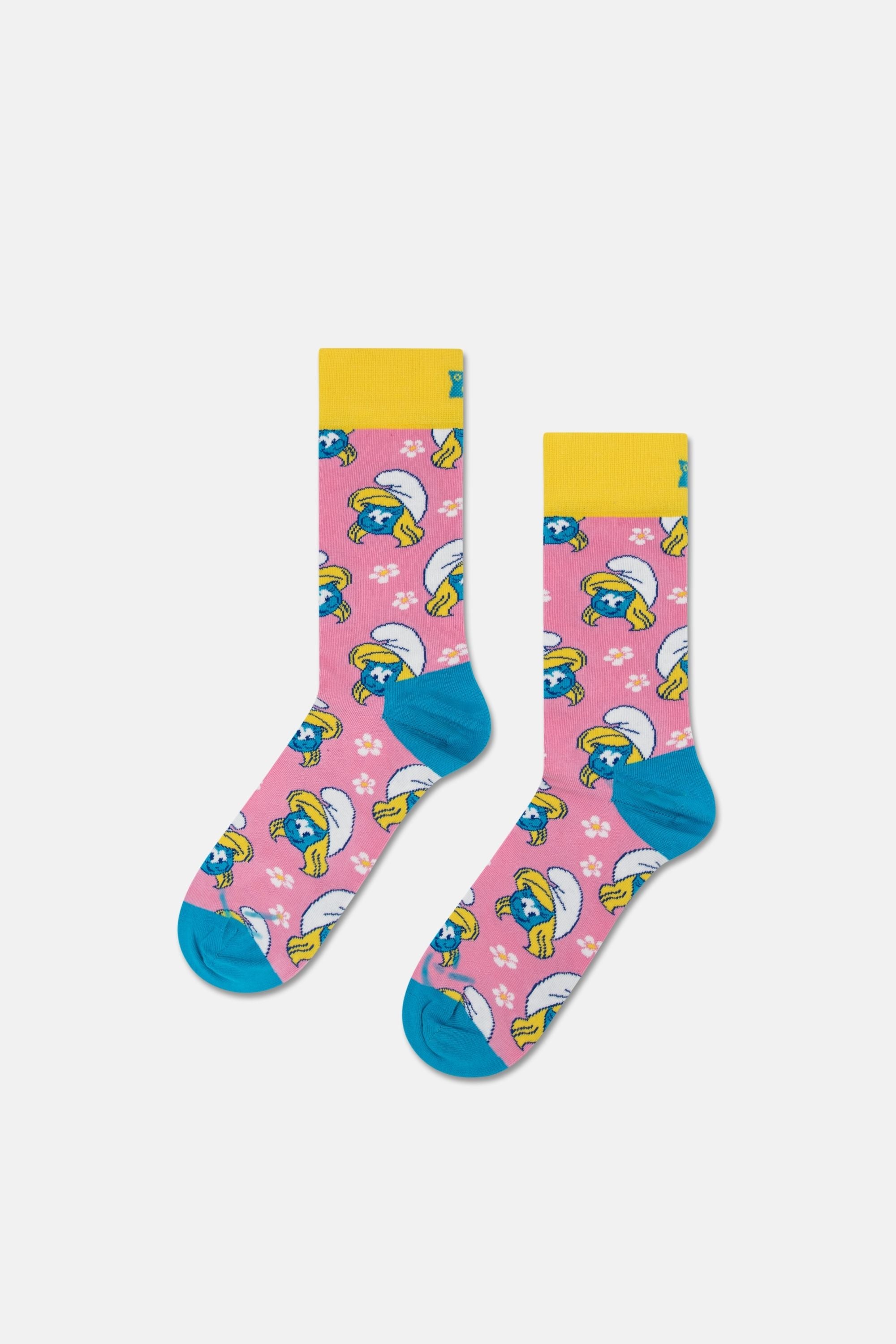 Happy Socks - Açık Pembe Şirine Ve Çiçek Desenli Pamuklu Çorap