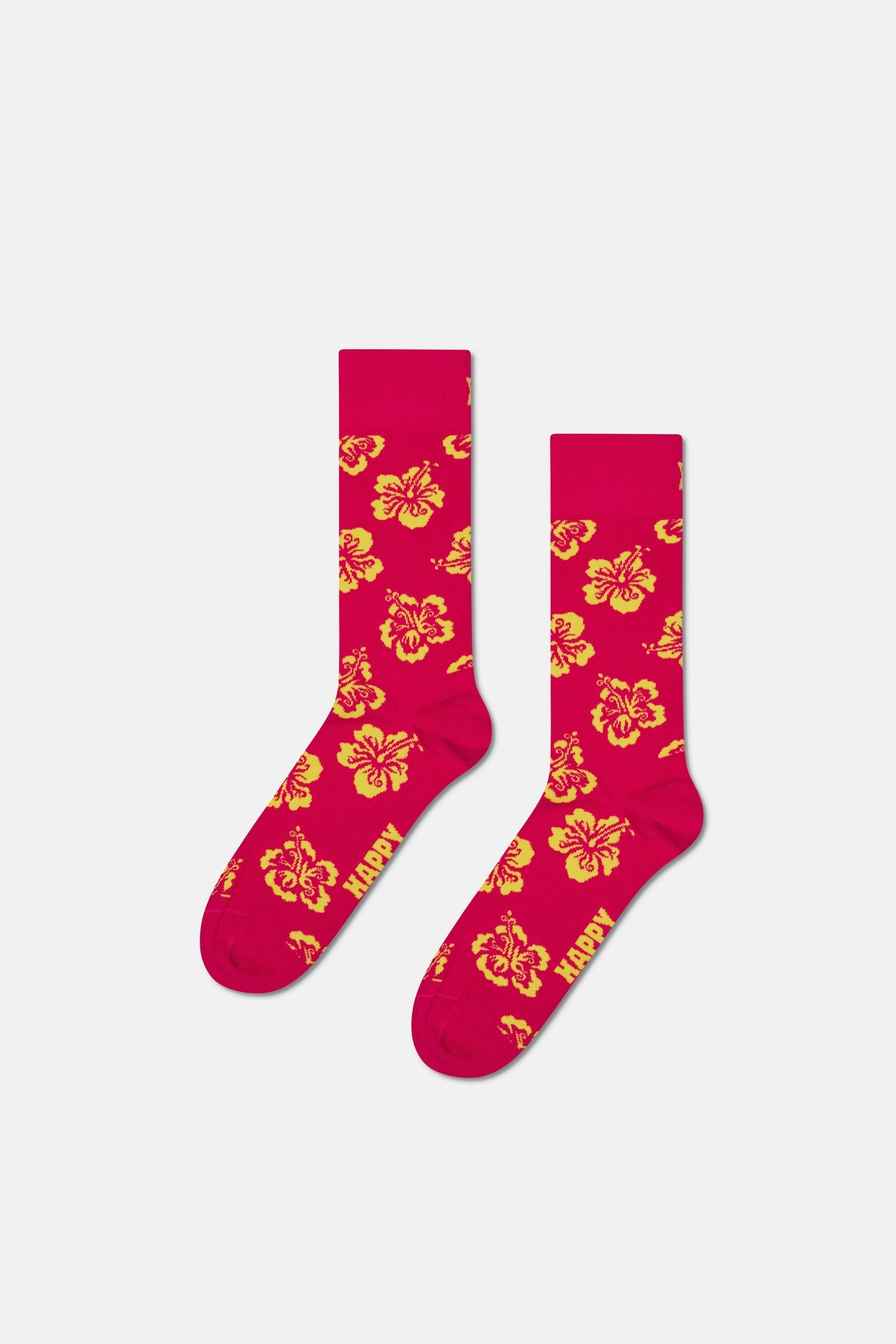 Happy Socks - Kırmızı Hibiskus Çiçek Desenli Pamuklu Çorap
