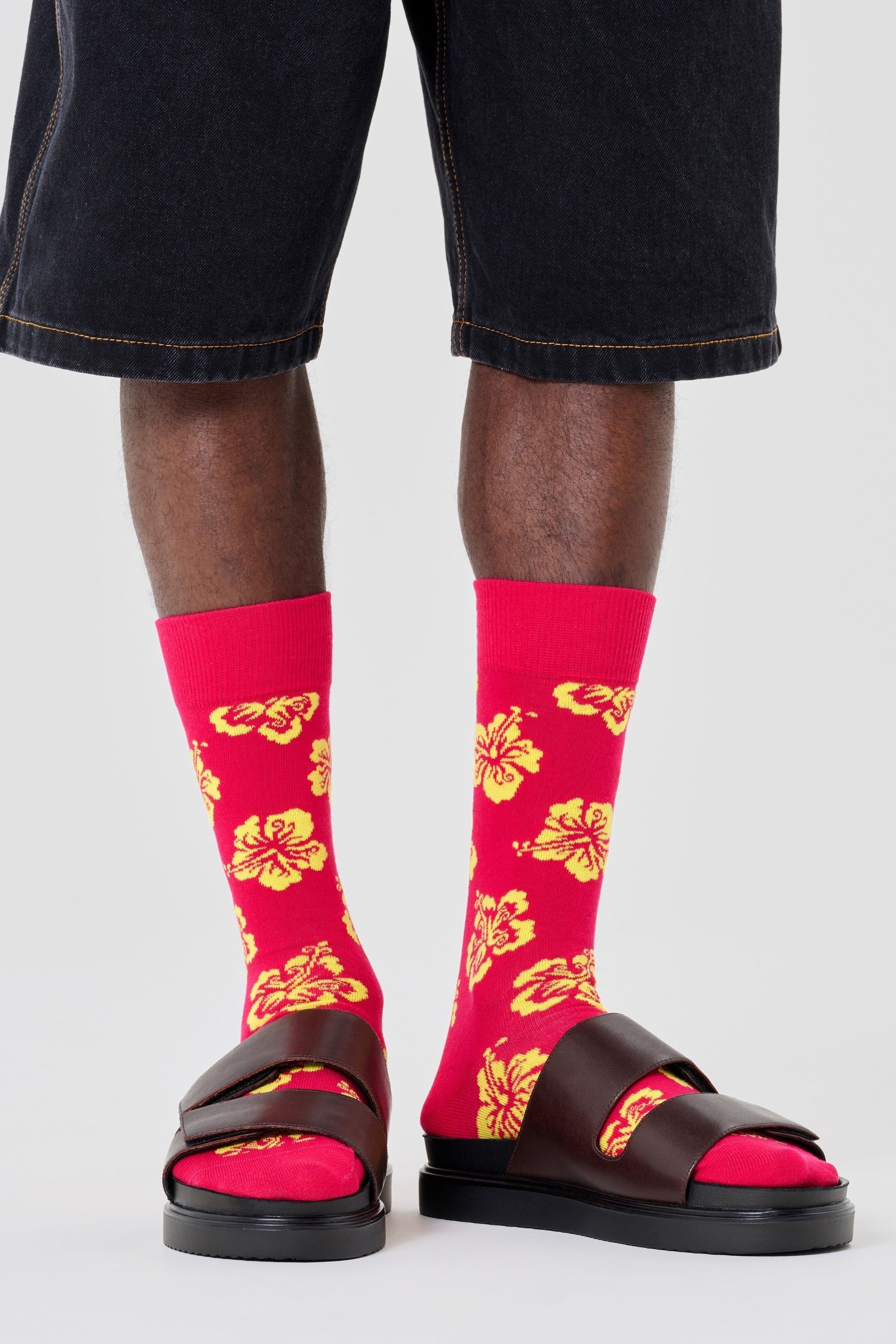 Happy Socks - Kırmızı Hibiskus Çiçek Desenli Pamuklu Çorap