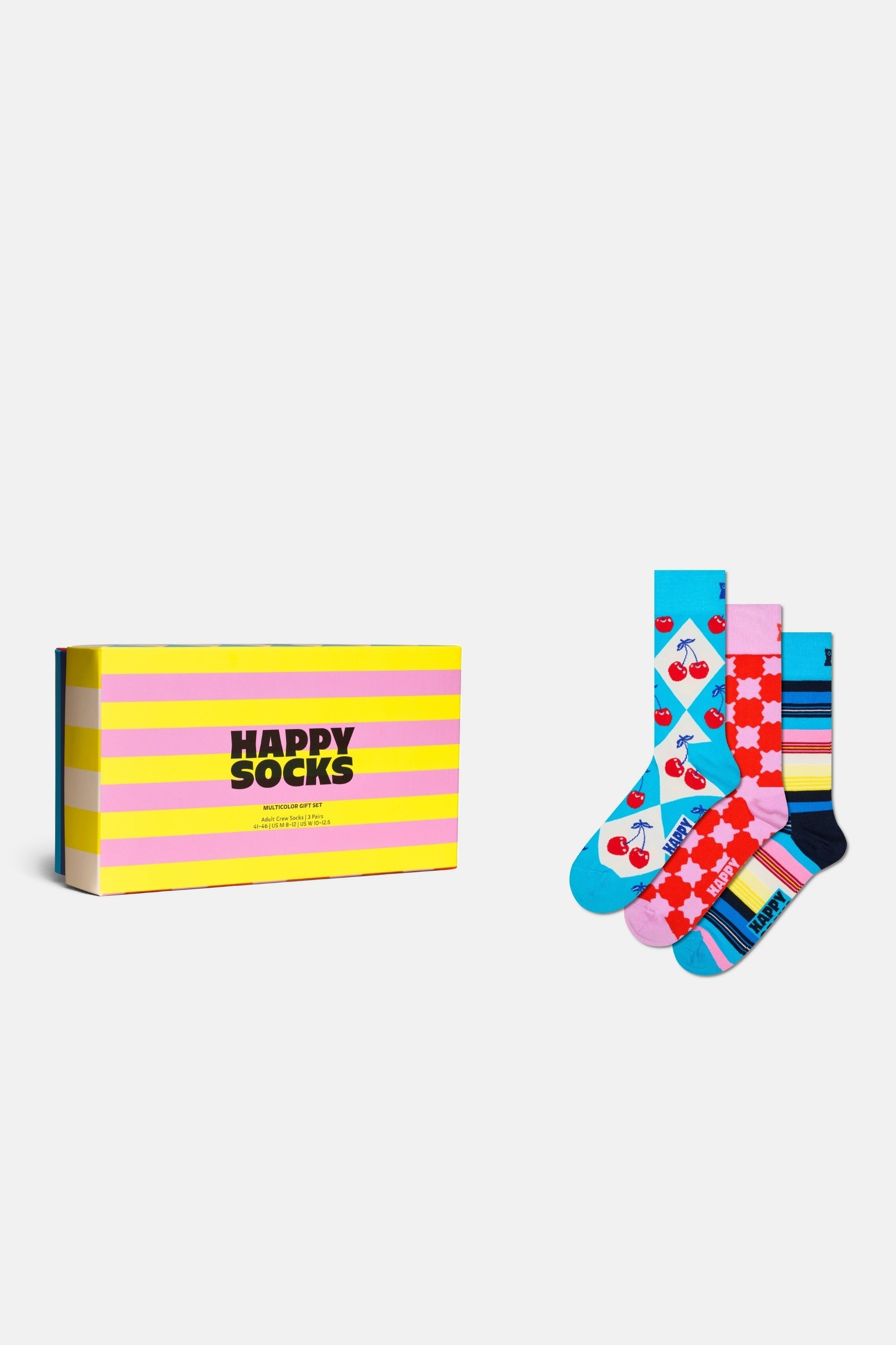 Happy Socks - Çok Renkli Kare Ve Çizgi Desenli Pamuklu 3Lü Çorap Seti