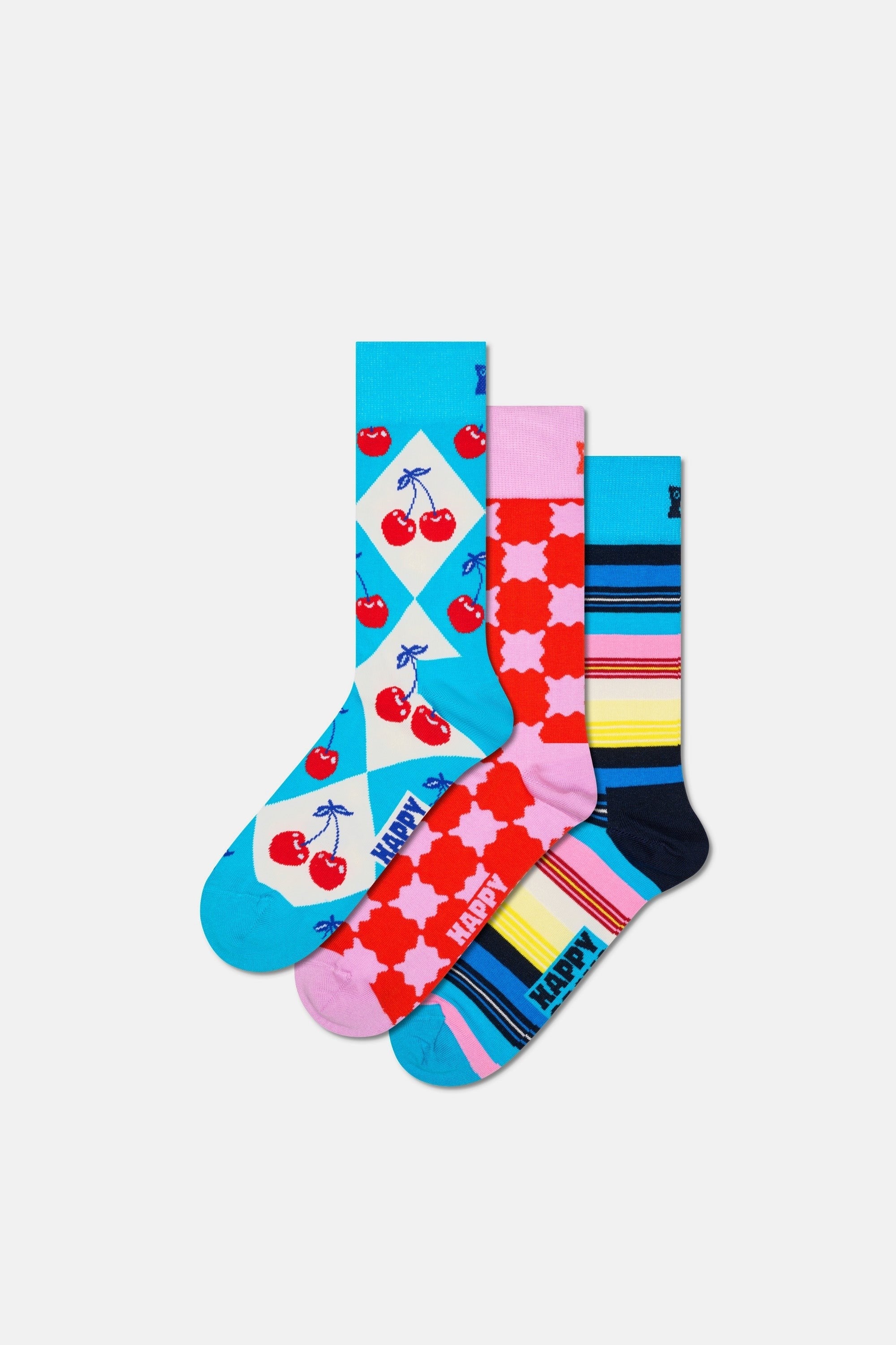 Happy Socks - Çok Renkli Kare Ve Çizgi Desenli Pamuklu 3Lü Çorap Seti