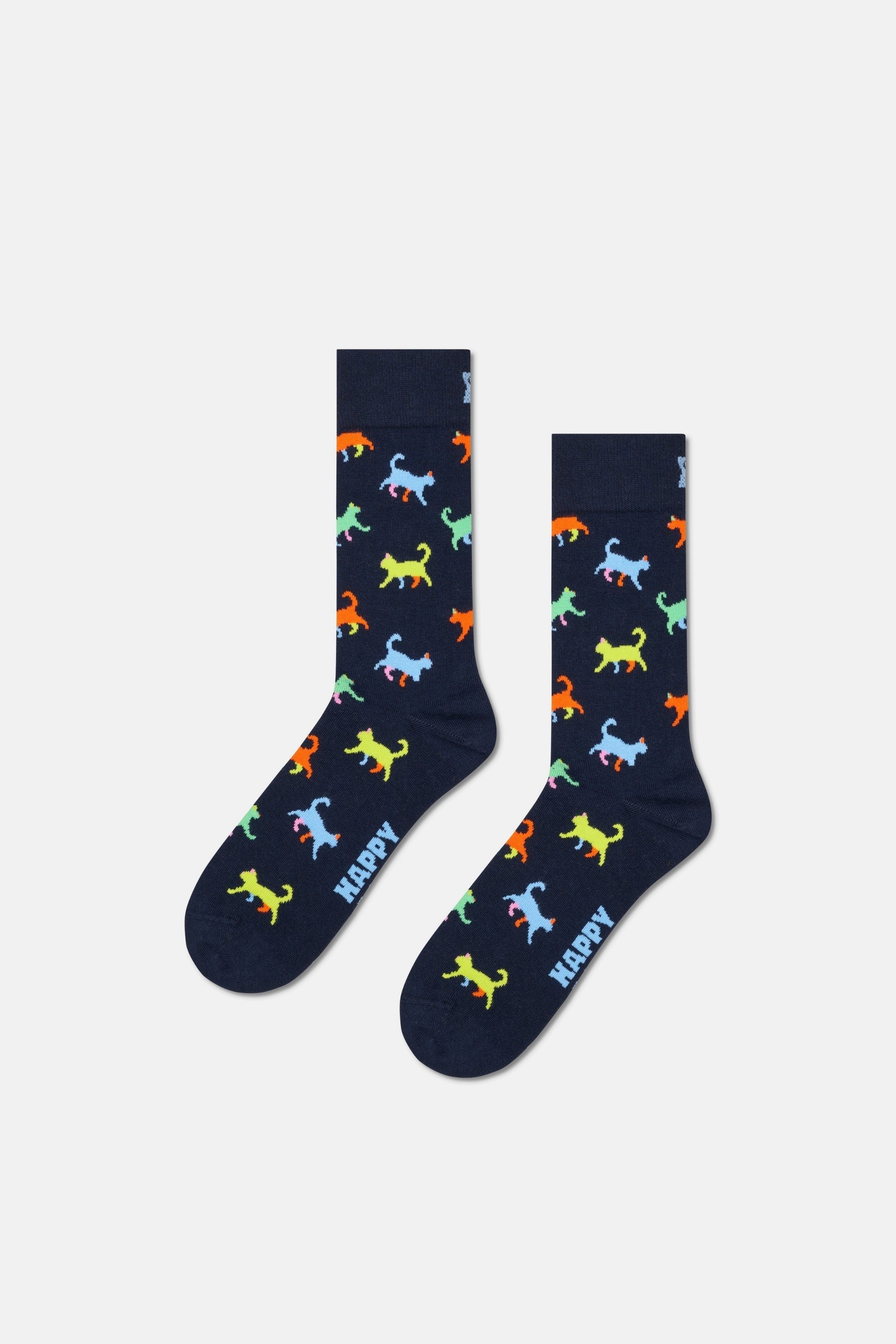 Happy Socks - Lacivert Yavru Kedi Desenli Pamuklu Çorap