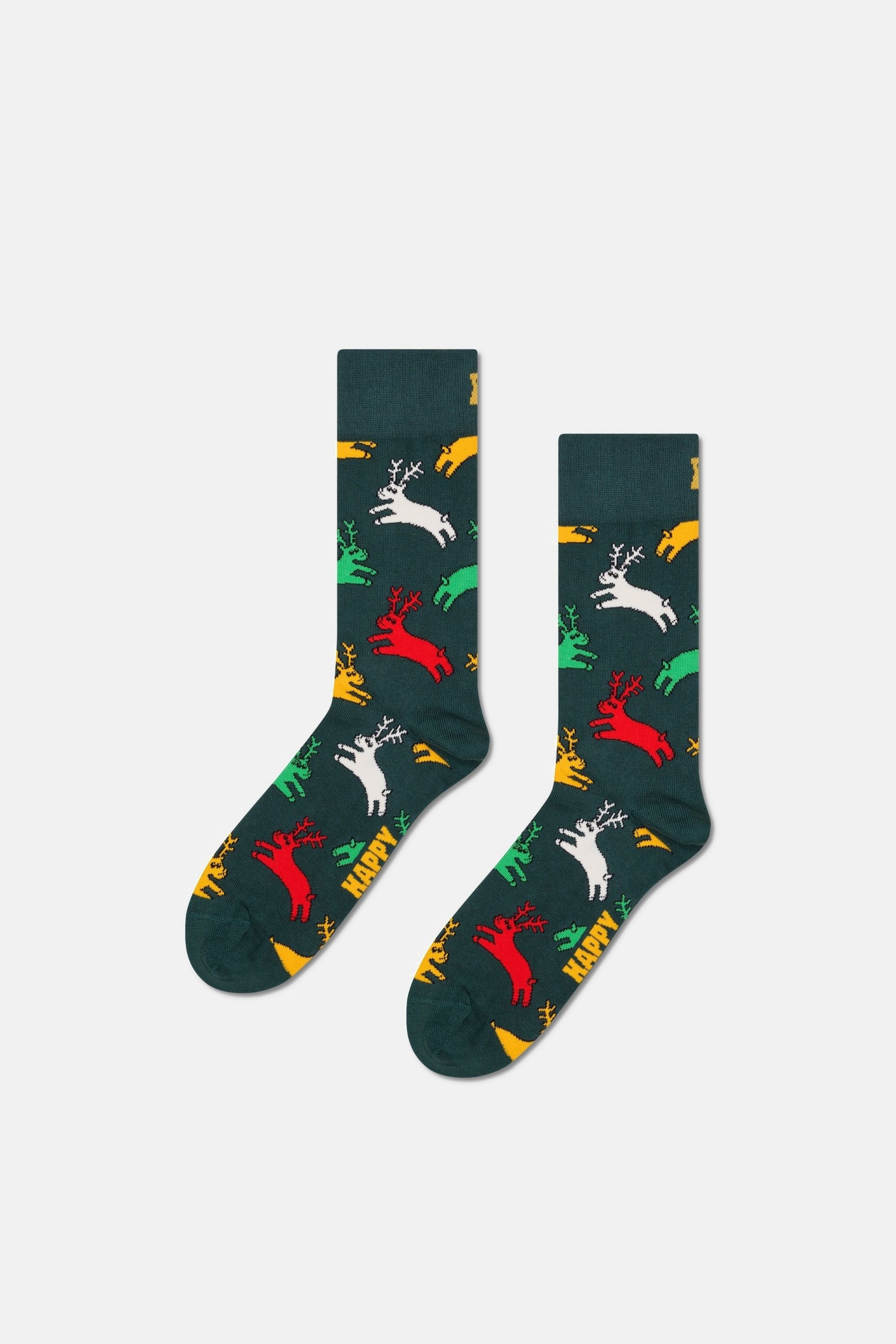 Happy Socks - Yeşil Geyik Desenli Pamuklu Çorap