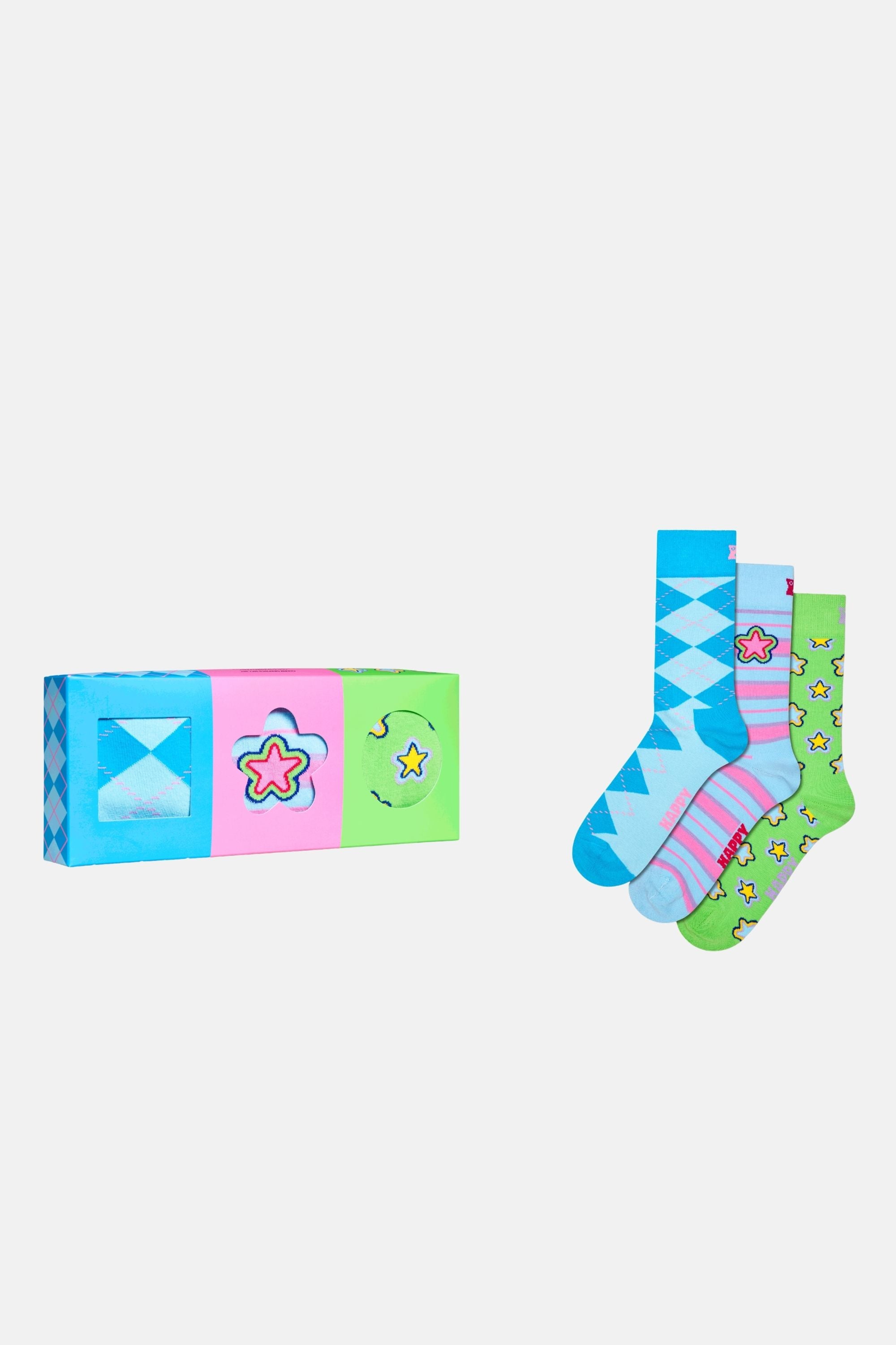 Happy Socks - Çok Renkli Karışık Geometrik Desenli 3'lü Pamuklu Çorap Seti