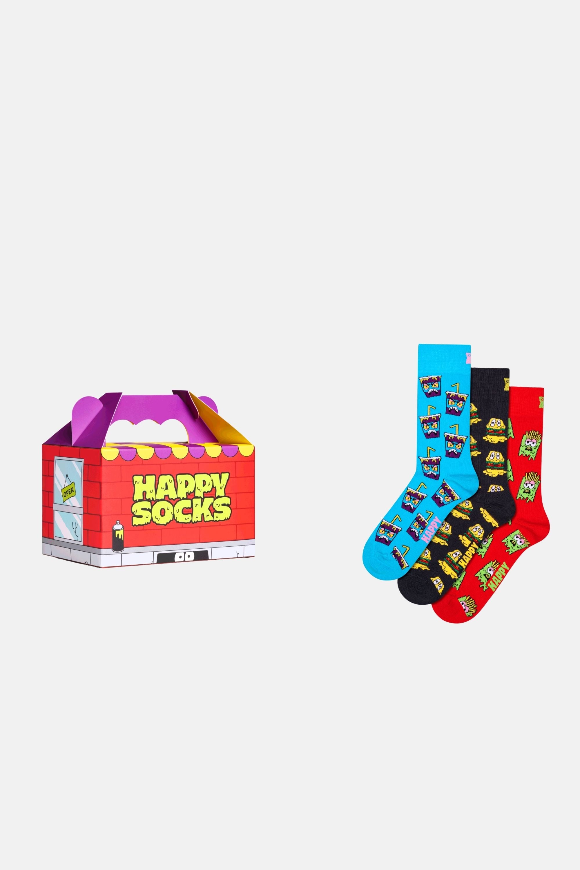 Happy Socks - Çok Renkli Hamburger ve Patates Desenli 3'lü Pamuklu Çorap Seti