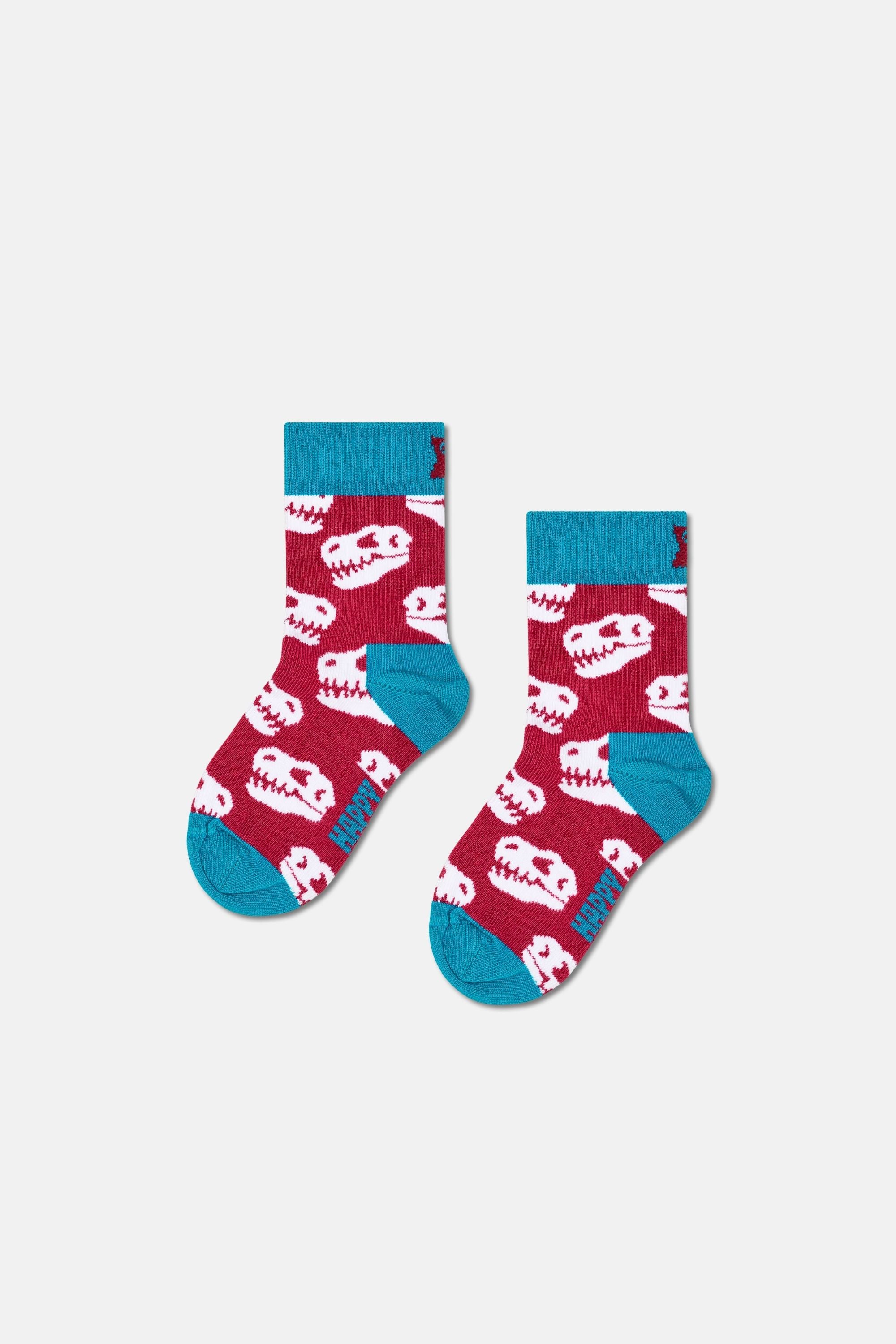 Happy Socks - Çocuk Bordo Dinazor Desenli Pamuklu Çorap