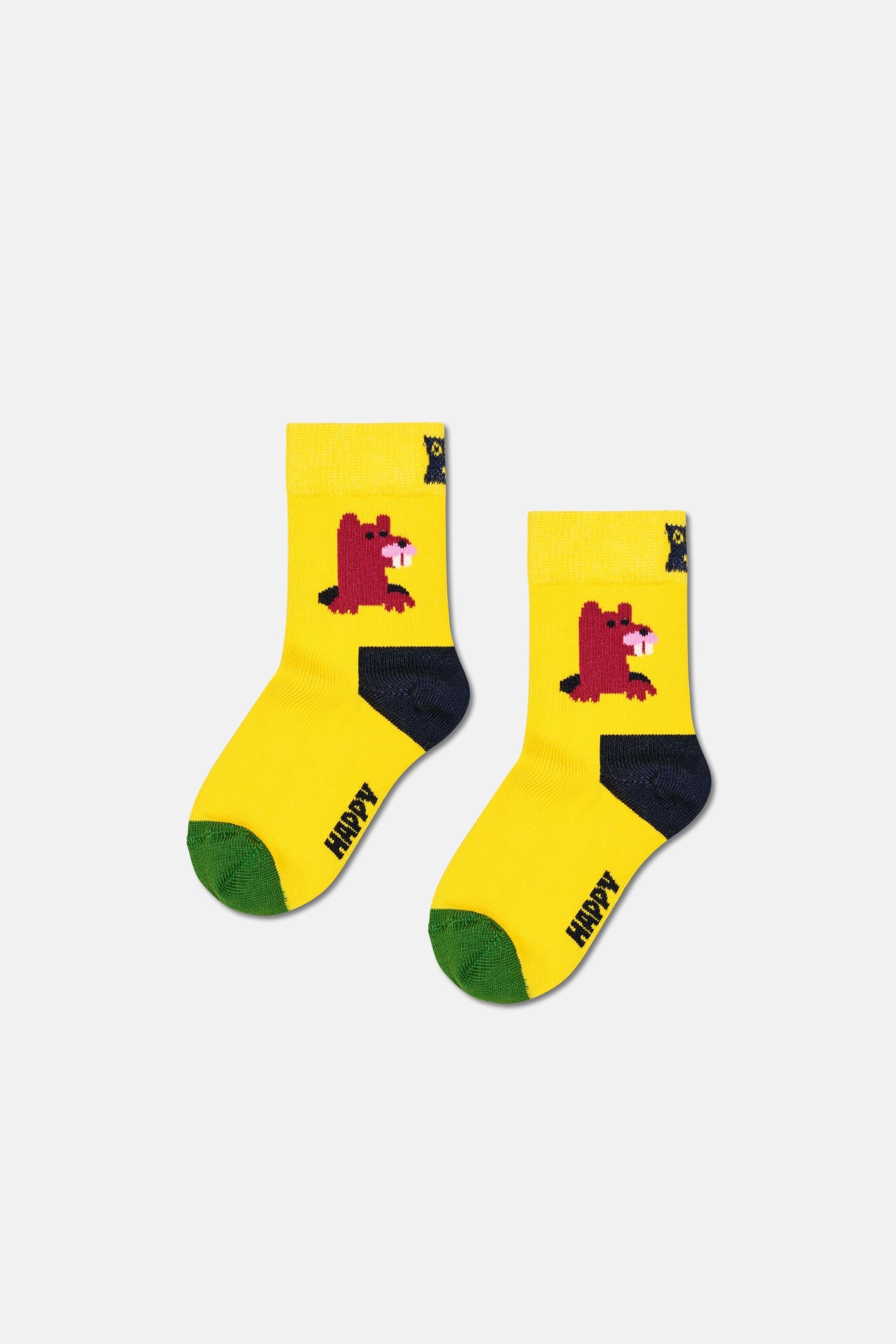 Happy Socks - Çocuk Sarı Kunduz Desenli Pamuklu Çorap