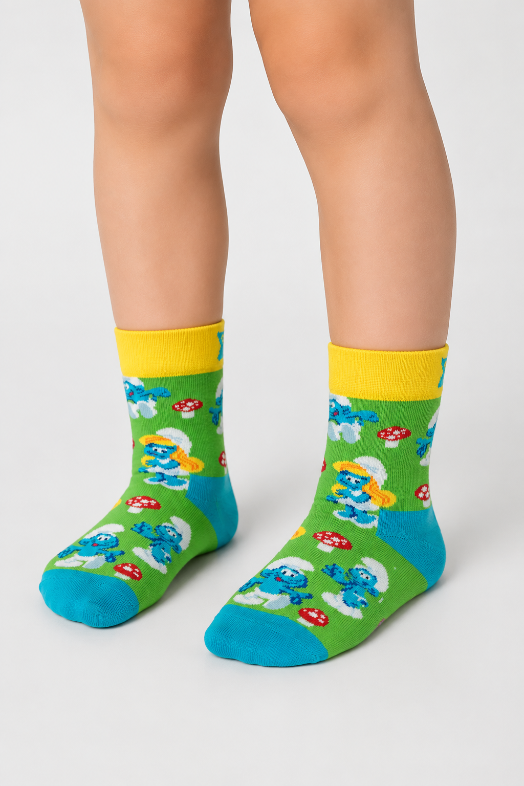 Happy Socks - 7-9 Yaş Yeşil Şirinler Ve Mantar Desenli Çocuk Pamuklu Çorap