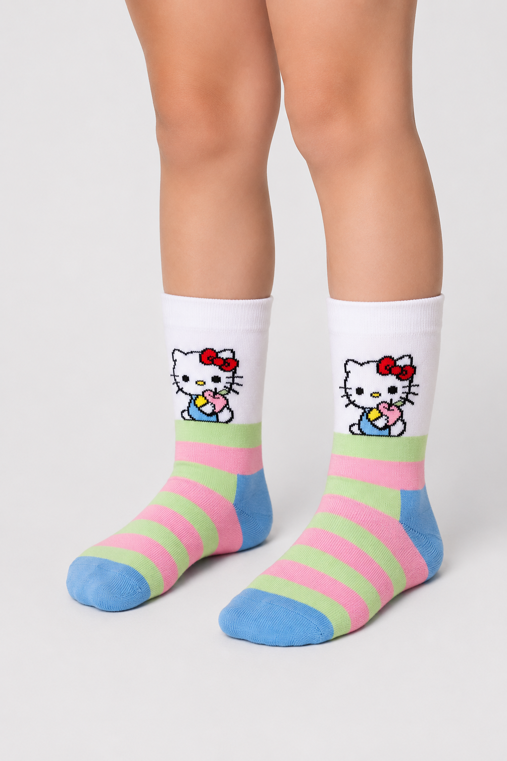 Happy Socks - Beyaz Hello Kitty Çizgili Desenli Çocuk Pamuklu Çorap