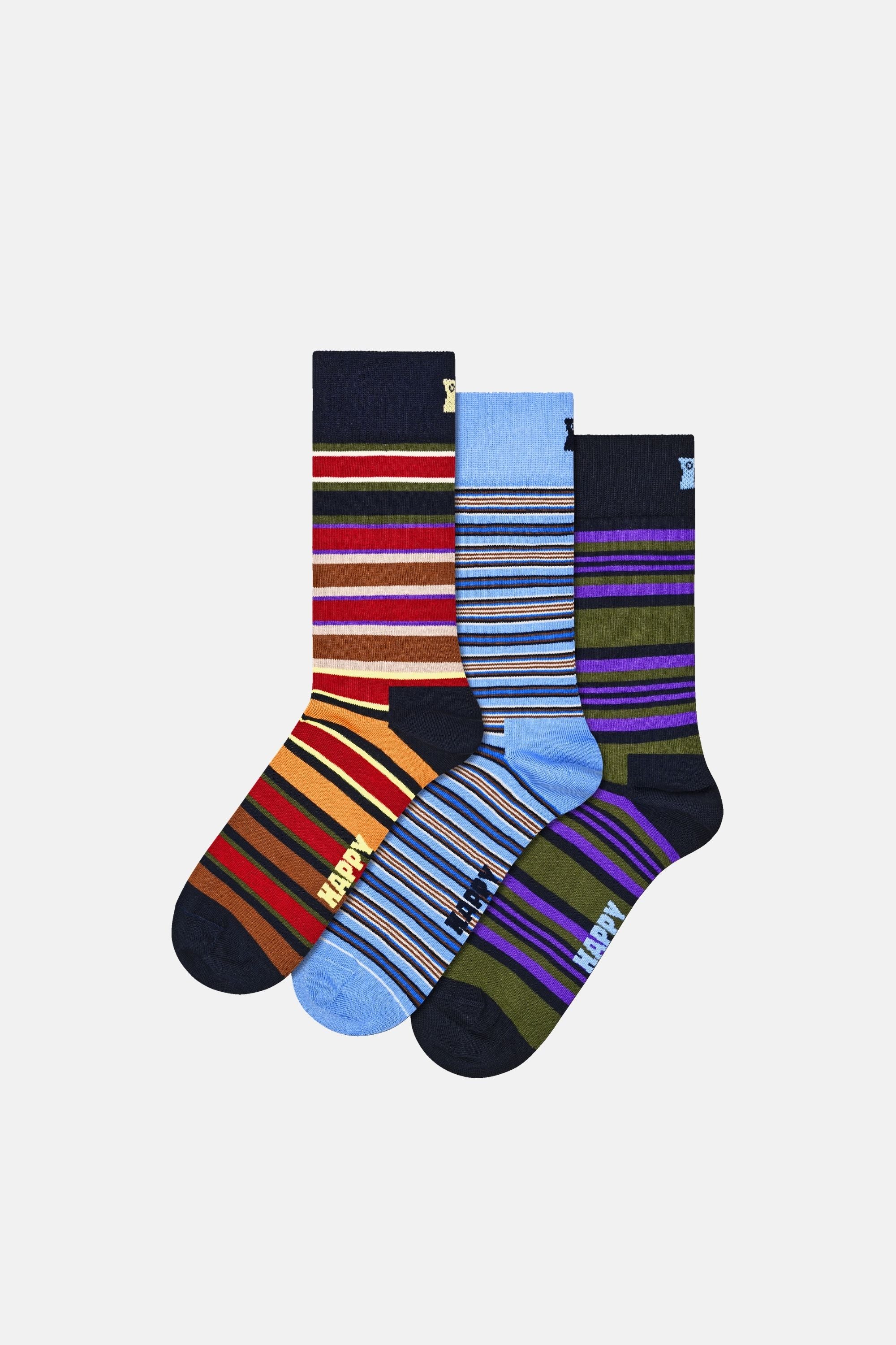 Happy Socks - Çok Renkli Çizgi Desenli 3Lü Pamuklu Çorap Seti