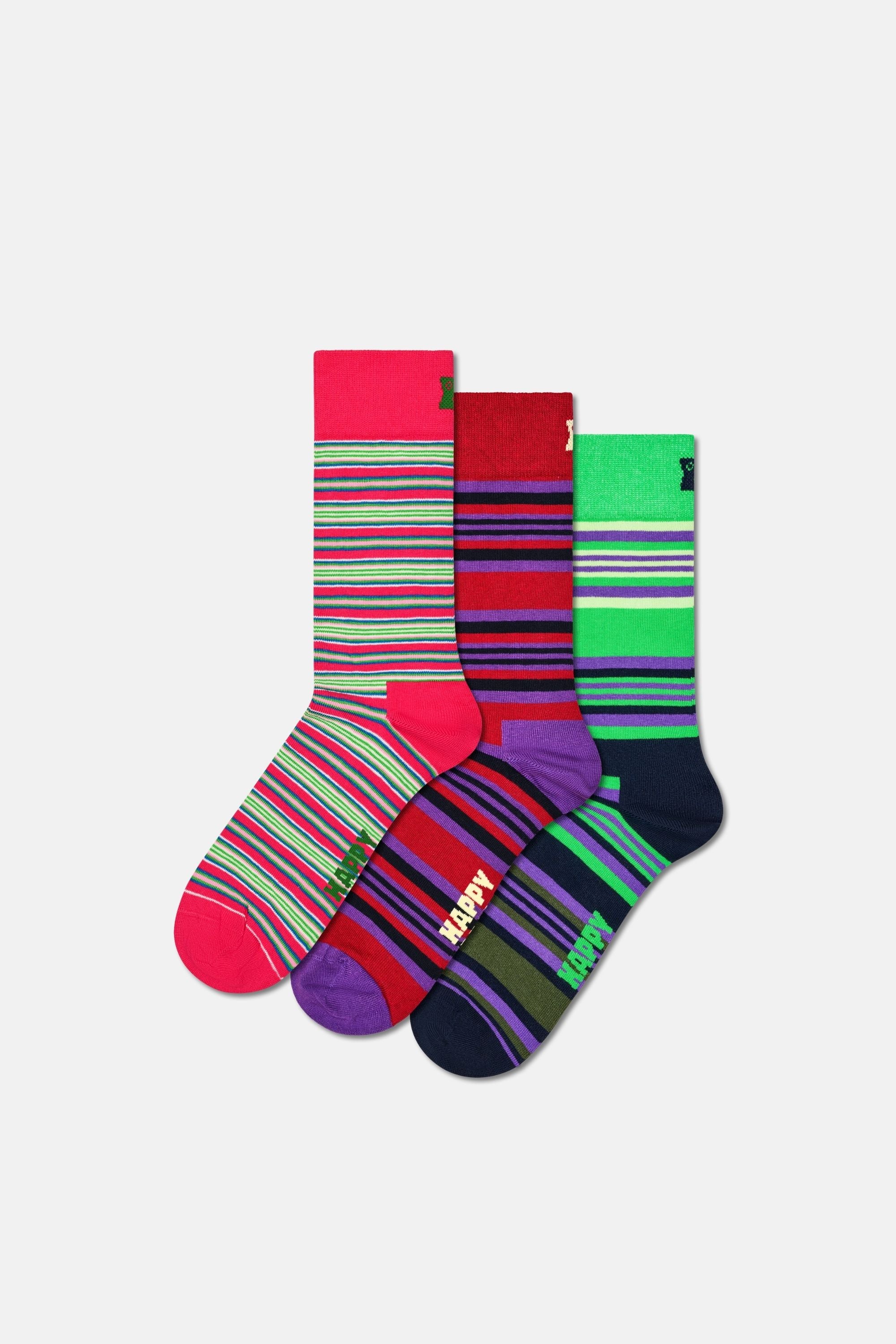 Happy Socks - Çok Renkli Çizgi Desenli 3Lü Pamuklu Çorap Seti
