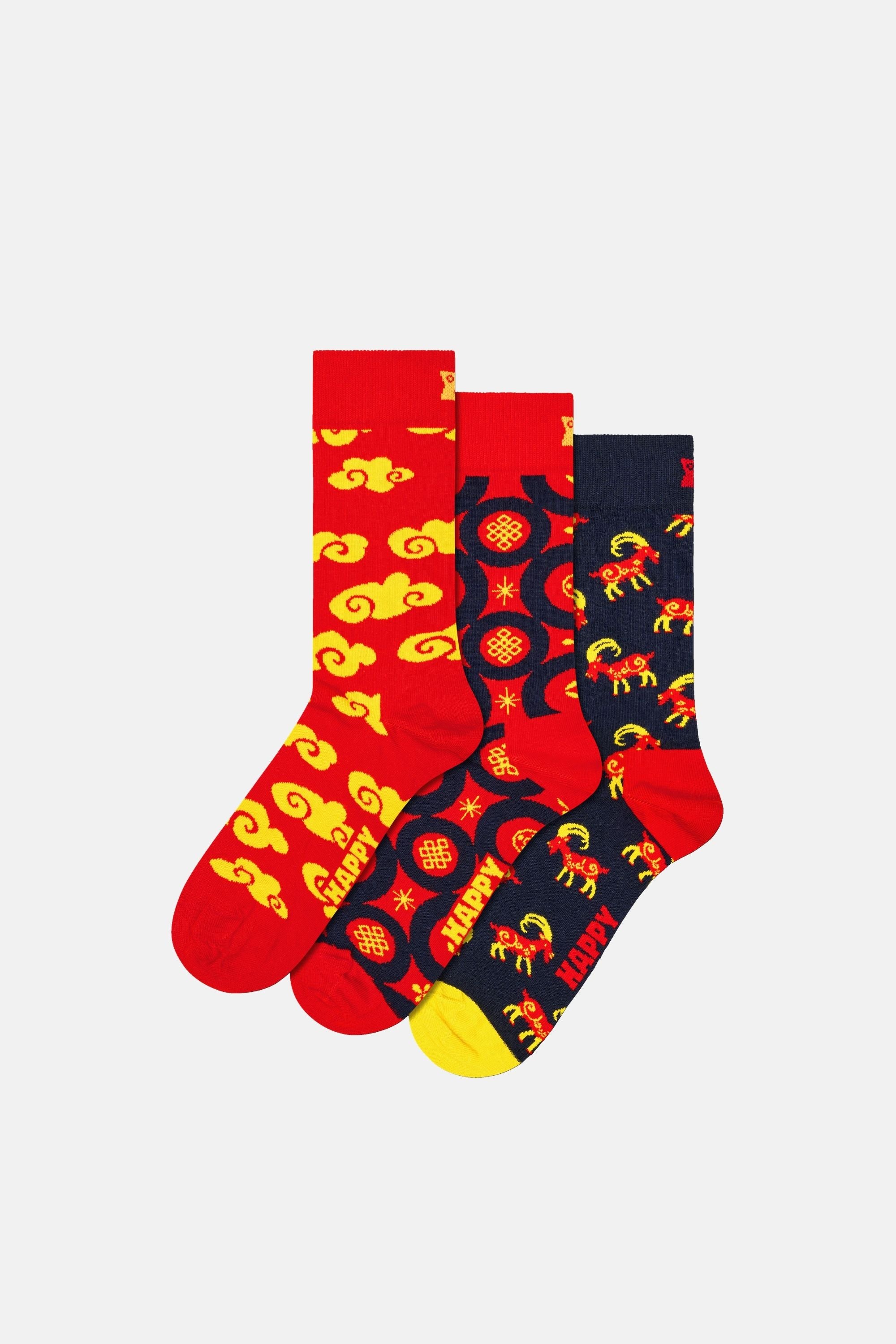 Happy Socks - Kırmızı Boğa Desenli 3Lü Pamuklu Çorap Seti