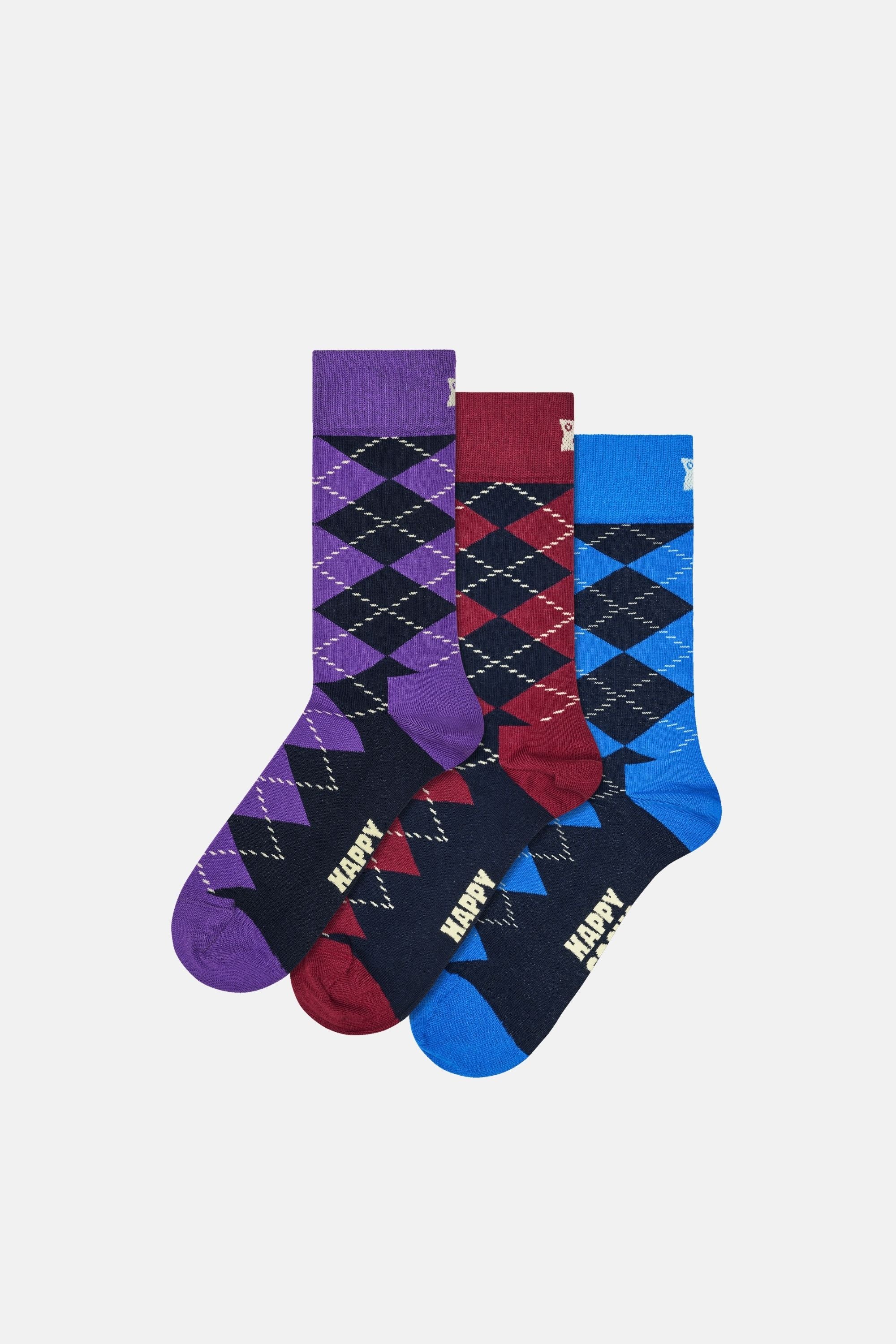 Happy Socks - Çok Renkli Kare Desenli 3Lü Pamuklu Çorap Seti