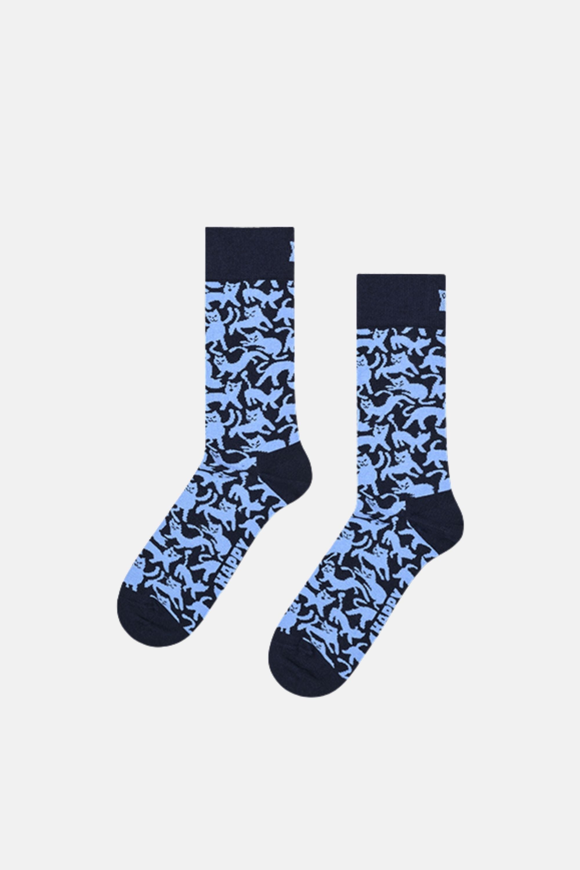 Happy Socks - Lacivert Kedi Desenli Pamuklu Çorap