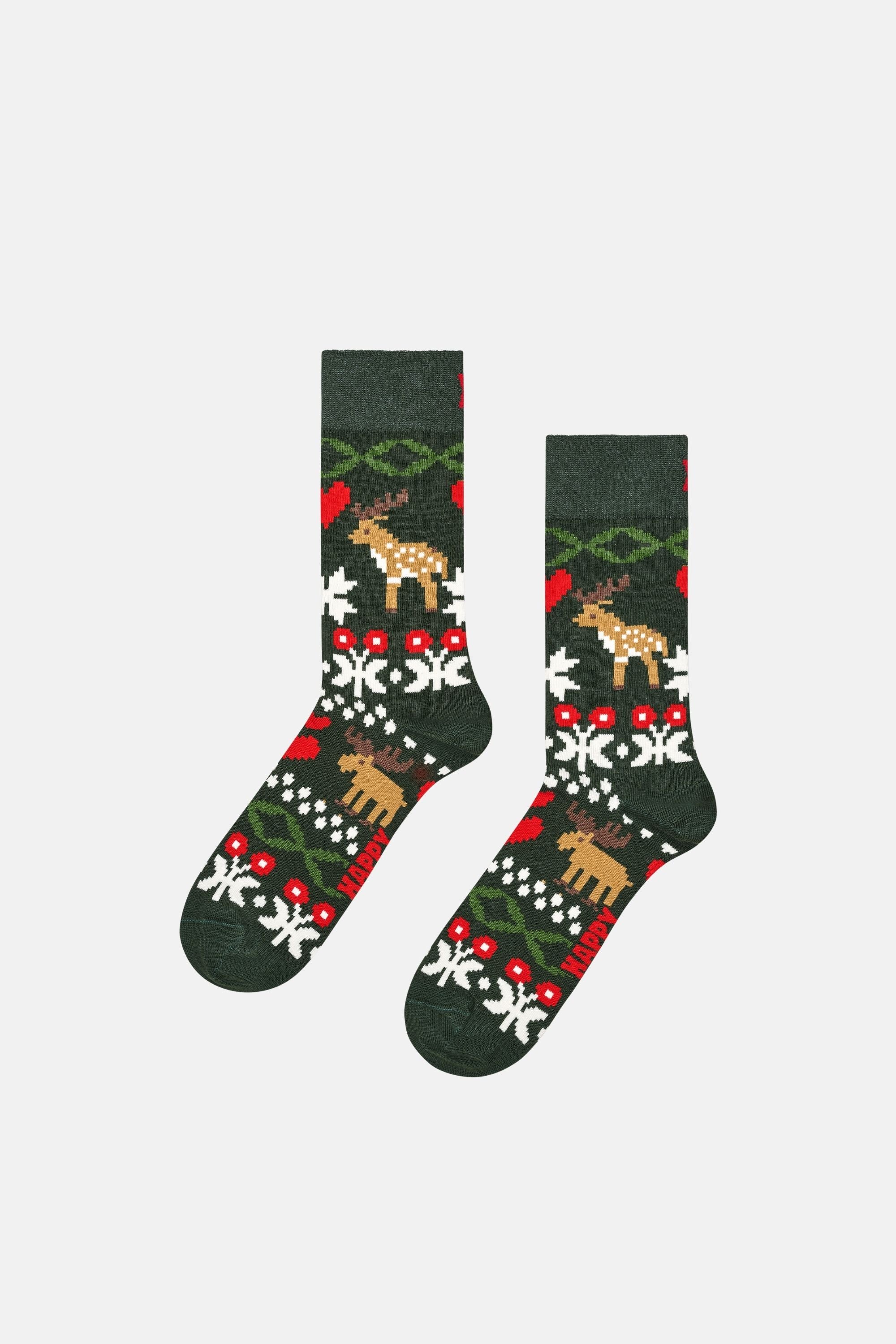Happy Socks - Koyu Yeşil Ren Geyiği Desenli Pamuklu Çorap