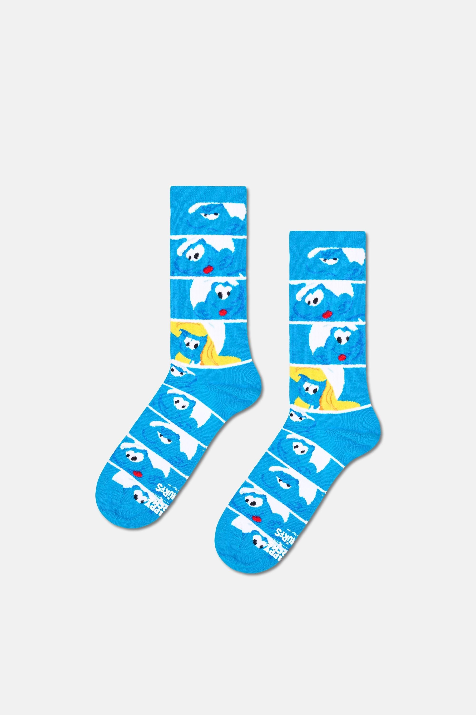 Happy Socks - Mavi Şirinler Desenli Pamuklu Çorap