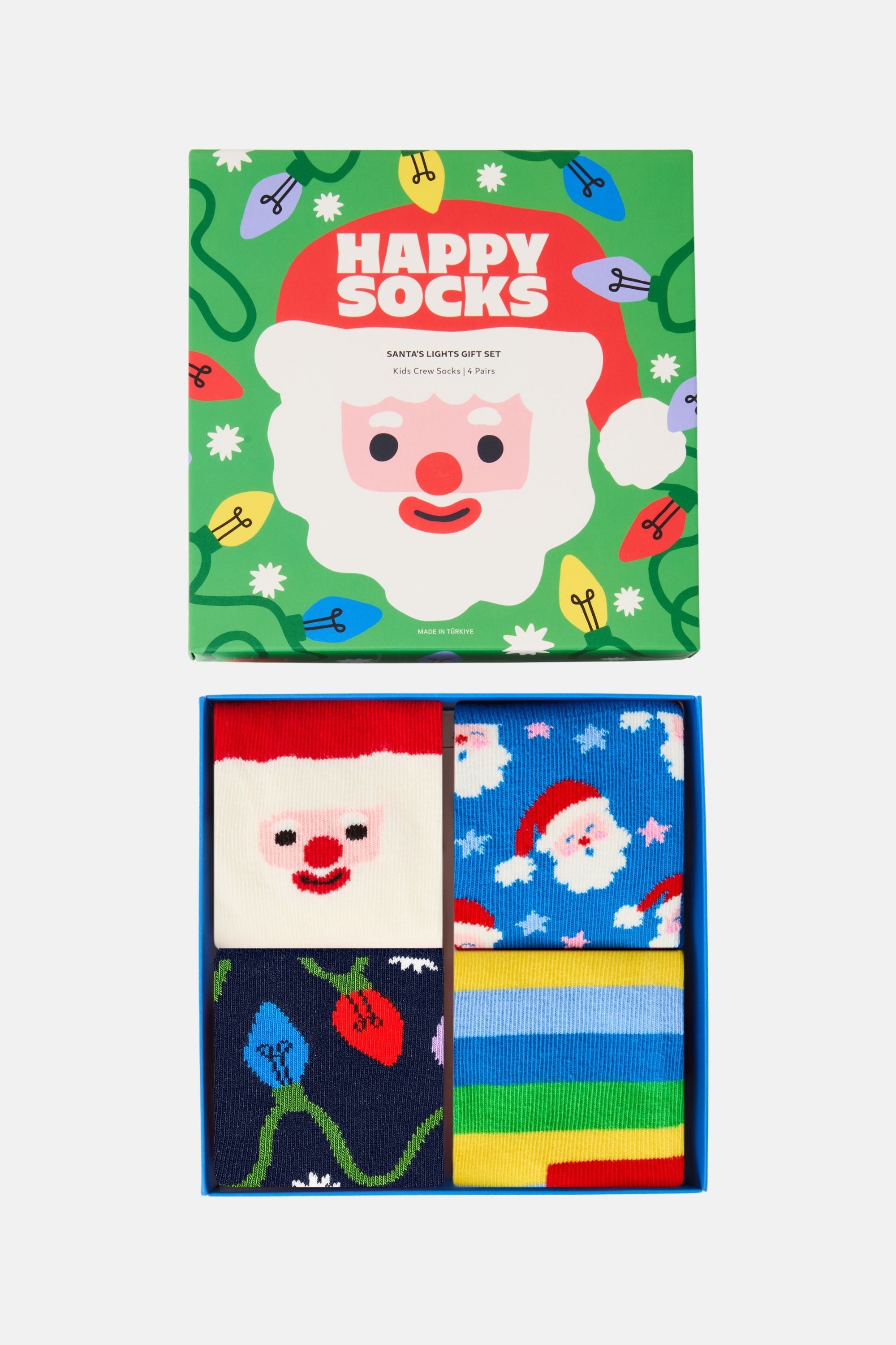 Happy Socks - Beyaz 4Lü Noel Baba Ve Işık Desenli Çocuk Pamuklu Çorap Seti