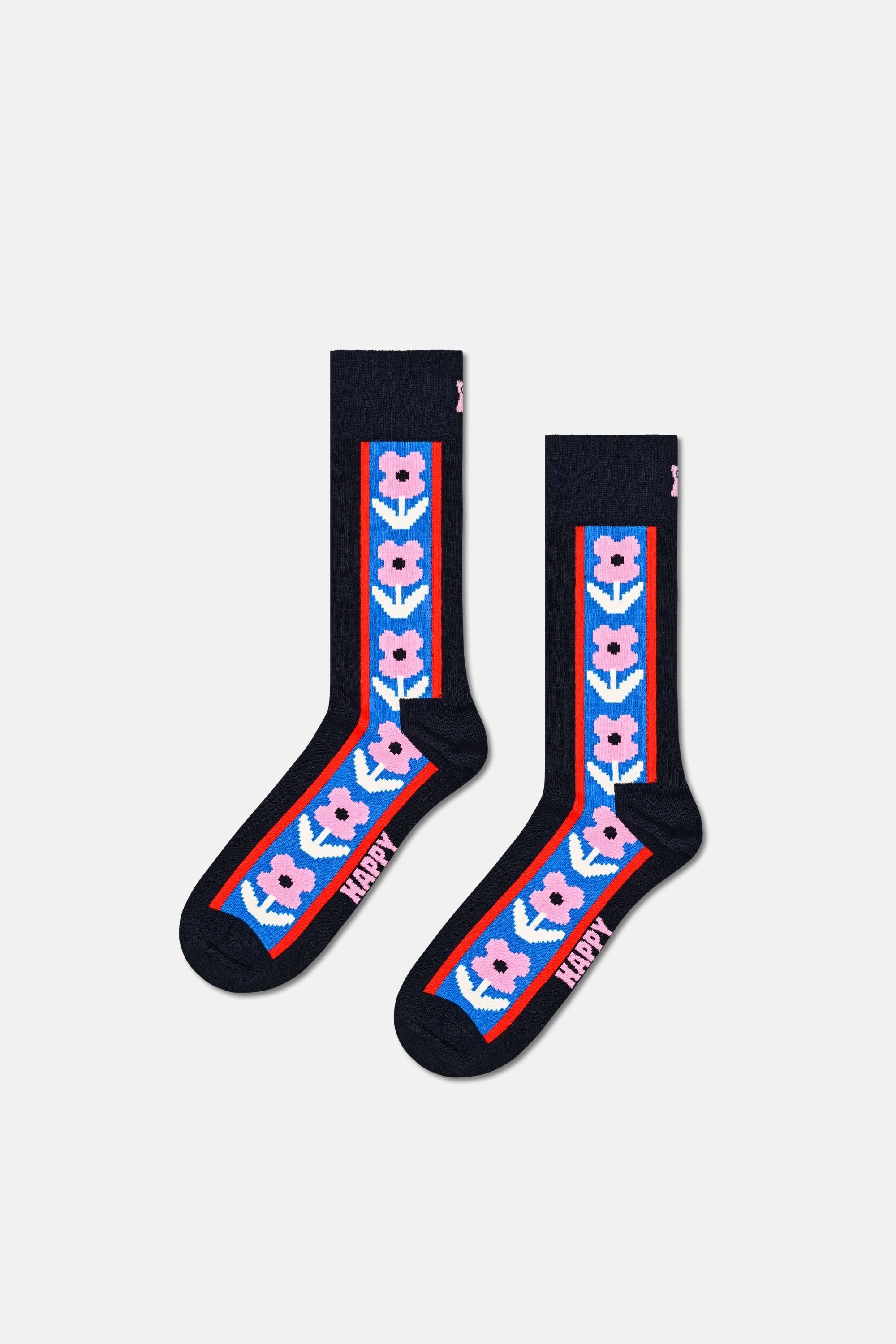Happy Socks - Lacivert Çiçek Desenli Pamuklu Çorap