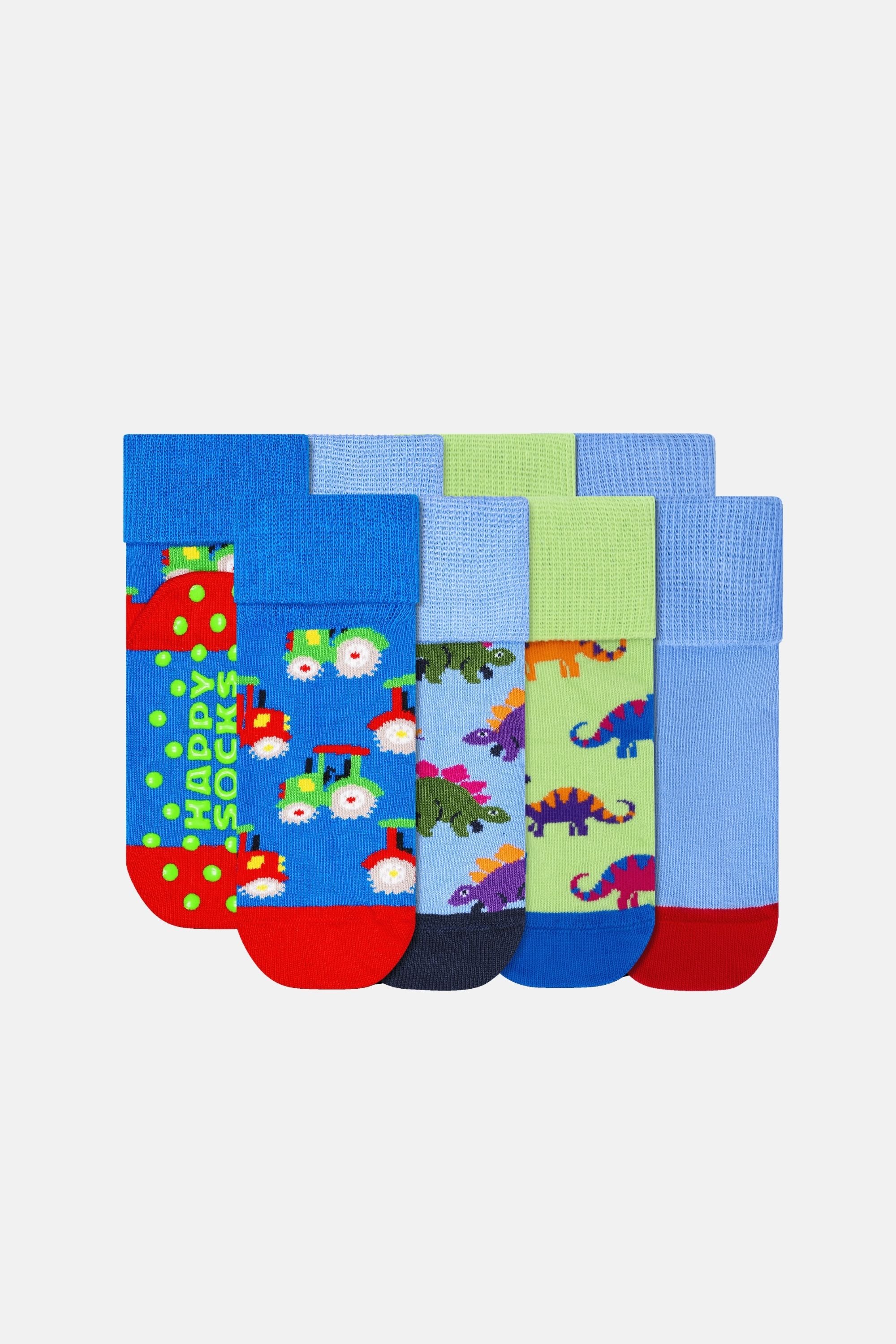 Happy Socks - Çok Renkli 4Lü Dinozor Ve Traktör Desenli Kaydırmaz Çocuk Pamuklu Çorap Seti