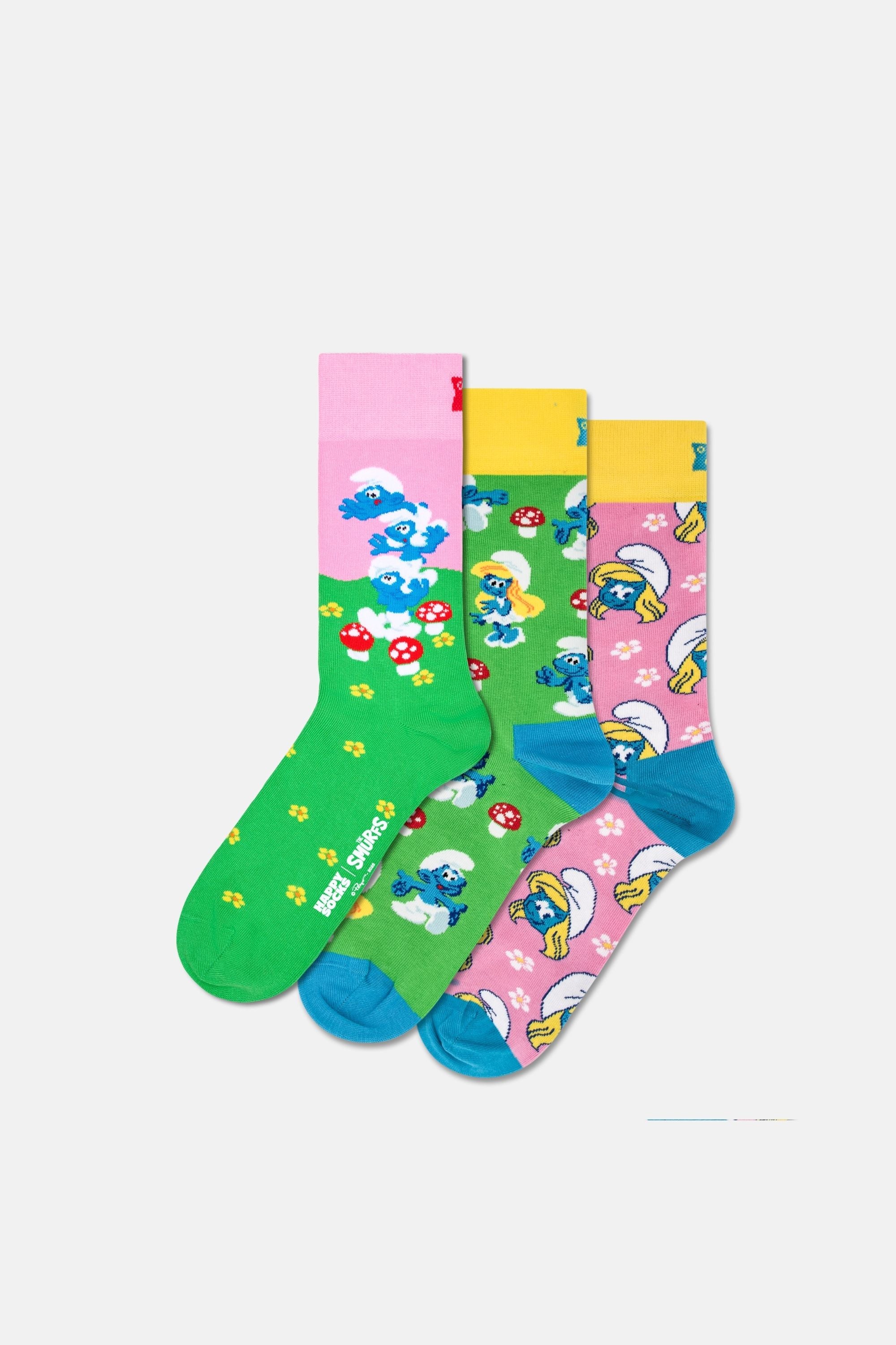 Happy Socks - Açık Pembe 3Lü Şirinler Desenli Pamuklu Çorap Seti