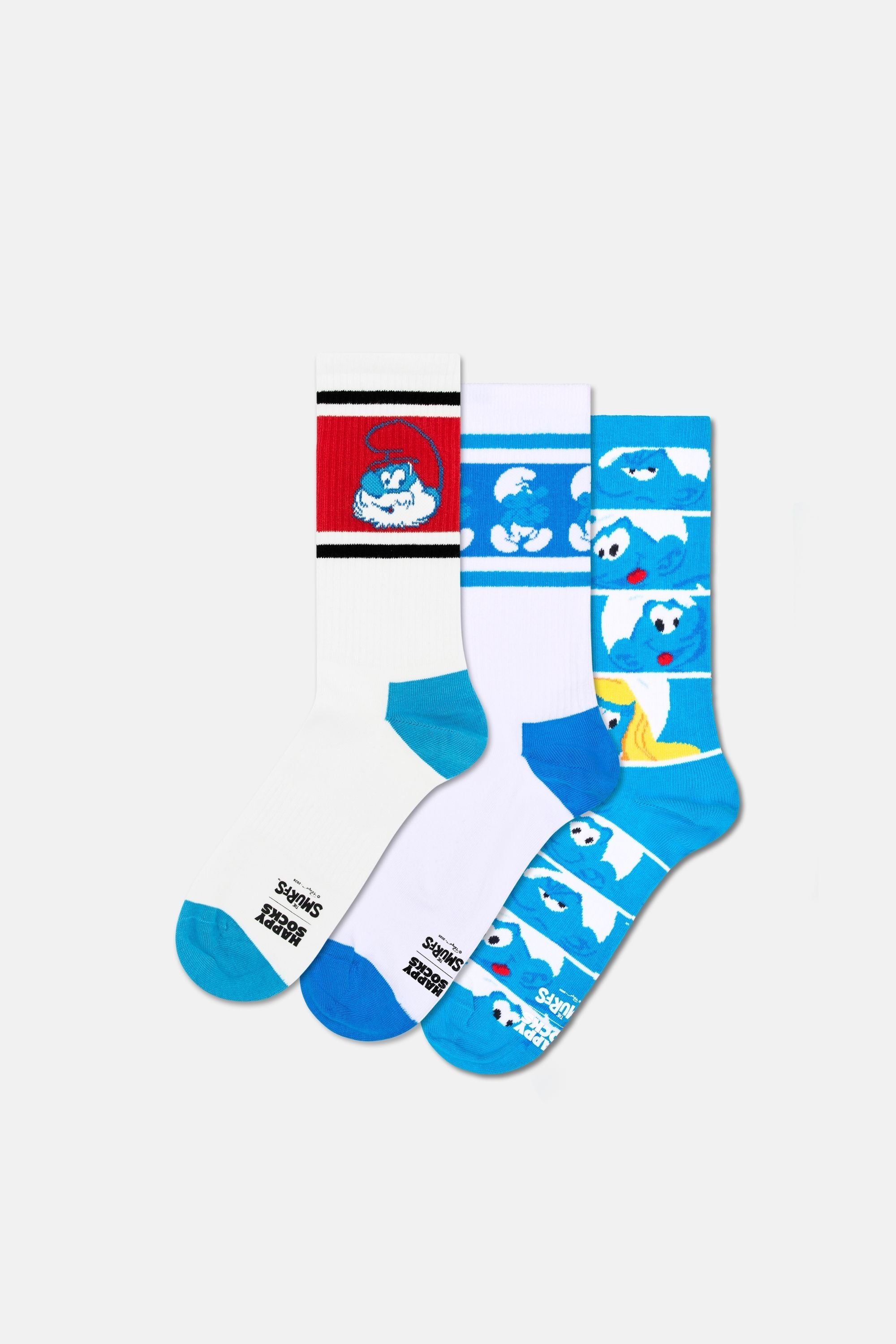 Happy Socks - Beyaz 3Lü Şirinler Desenli Sneaker Pamuklu Çorap Seti